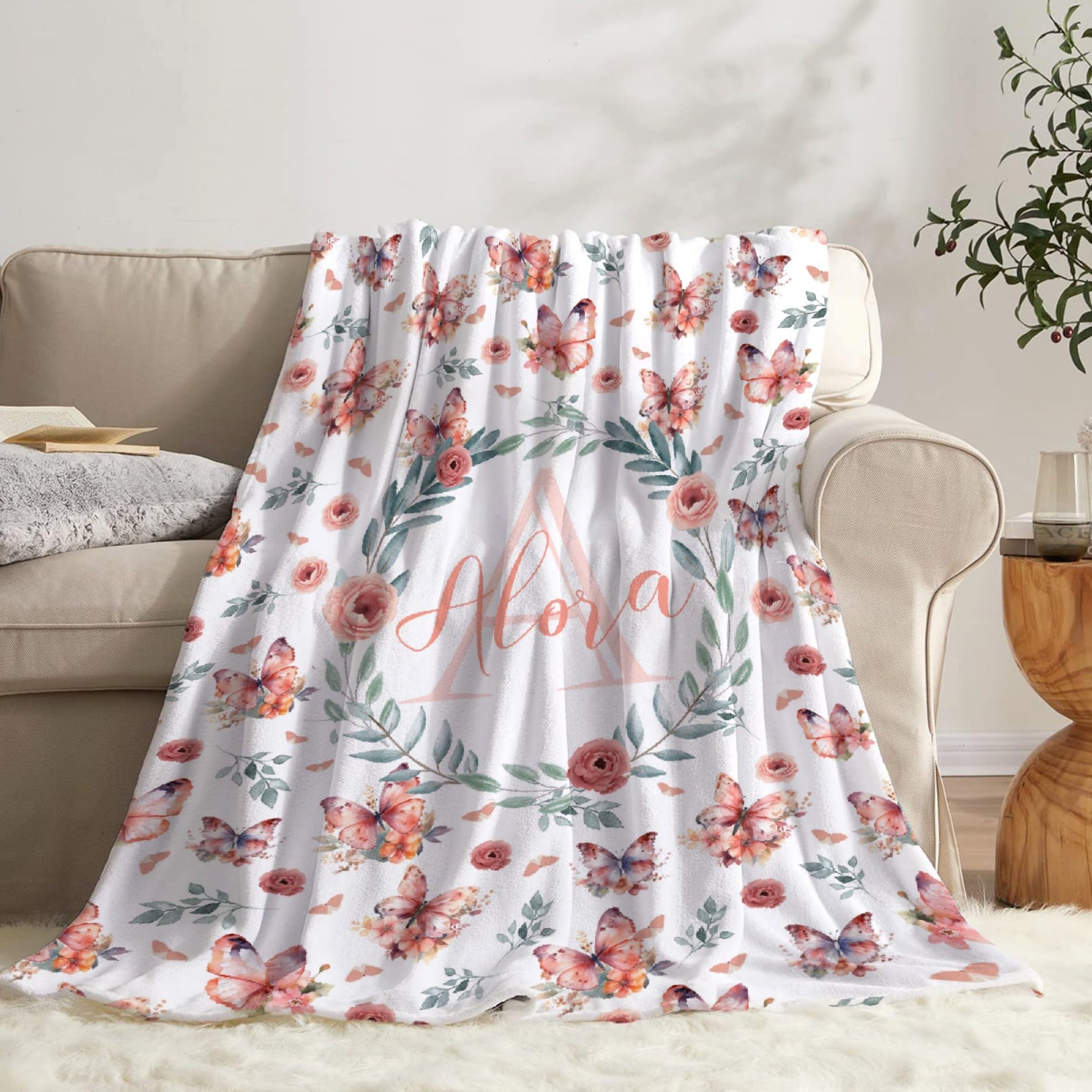 Todeyya Butterfly Floral Custom Personalized Blanket Gifts, Custom Butterfly Floral Blanket for Boys Girls, Baby Gift for Birthday Chirstmas Soft Plush Blanket for Couch Bed 50x40 in for Kids