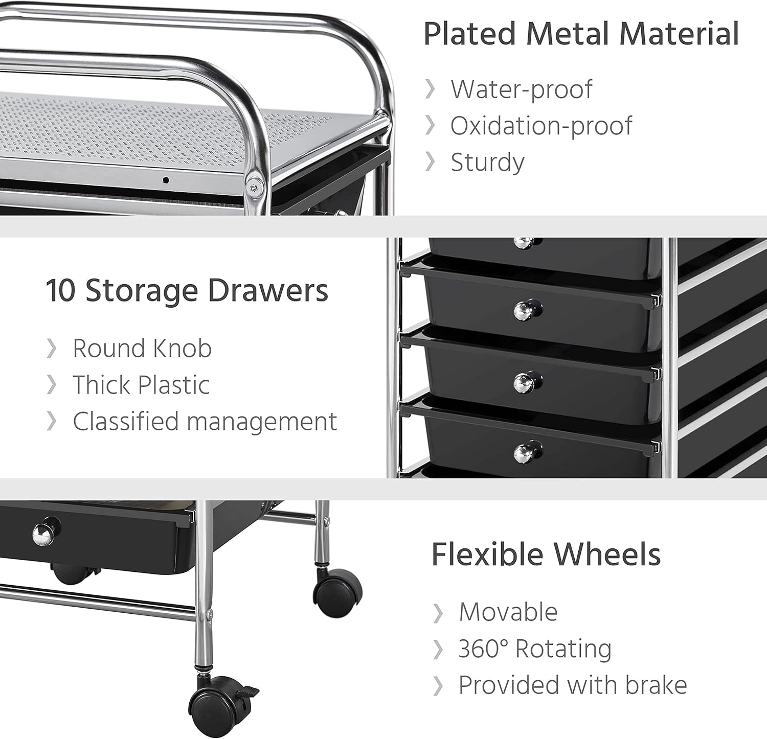 jarak dekat view of the Yaheetech Rolling Cart Organizer highlighting plated metal material, 10 storage drawers with round knobs, thick plastic, and flexible 360-degree rotating wheels with brakes.