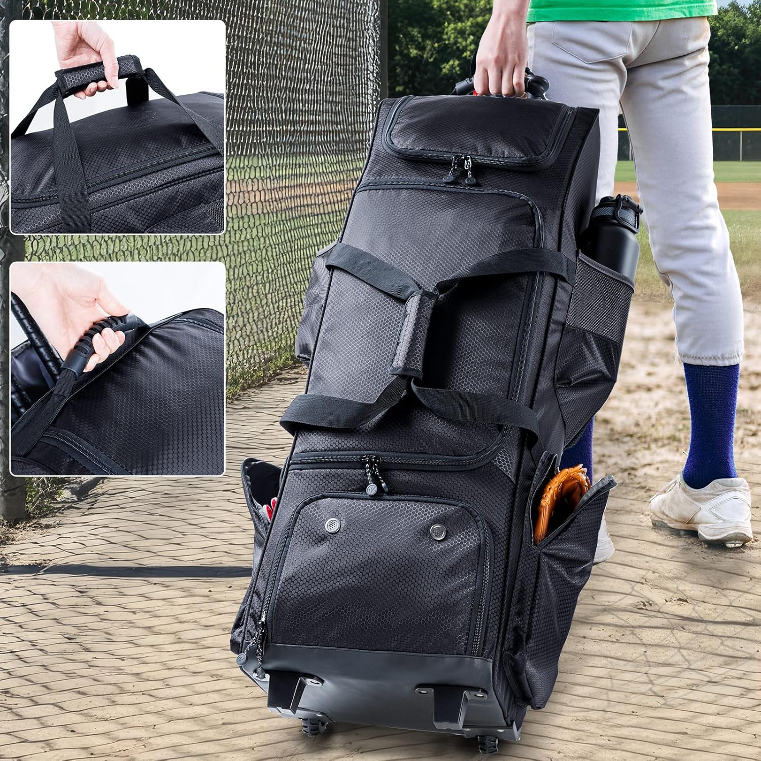 Rolling Baseball Bag With Wheels, Seperate Shoe Compartment and Fence Hook - Large Softball Bag for T-Ball - Team Equipment Duffle Bag - Catcher Gear Bag for Boys 8-12, Youth, Adults - Image 6