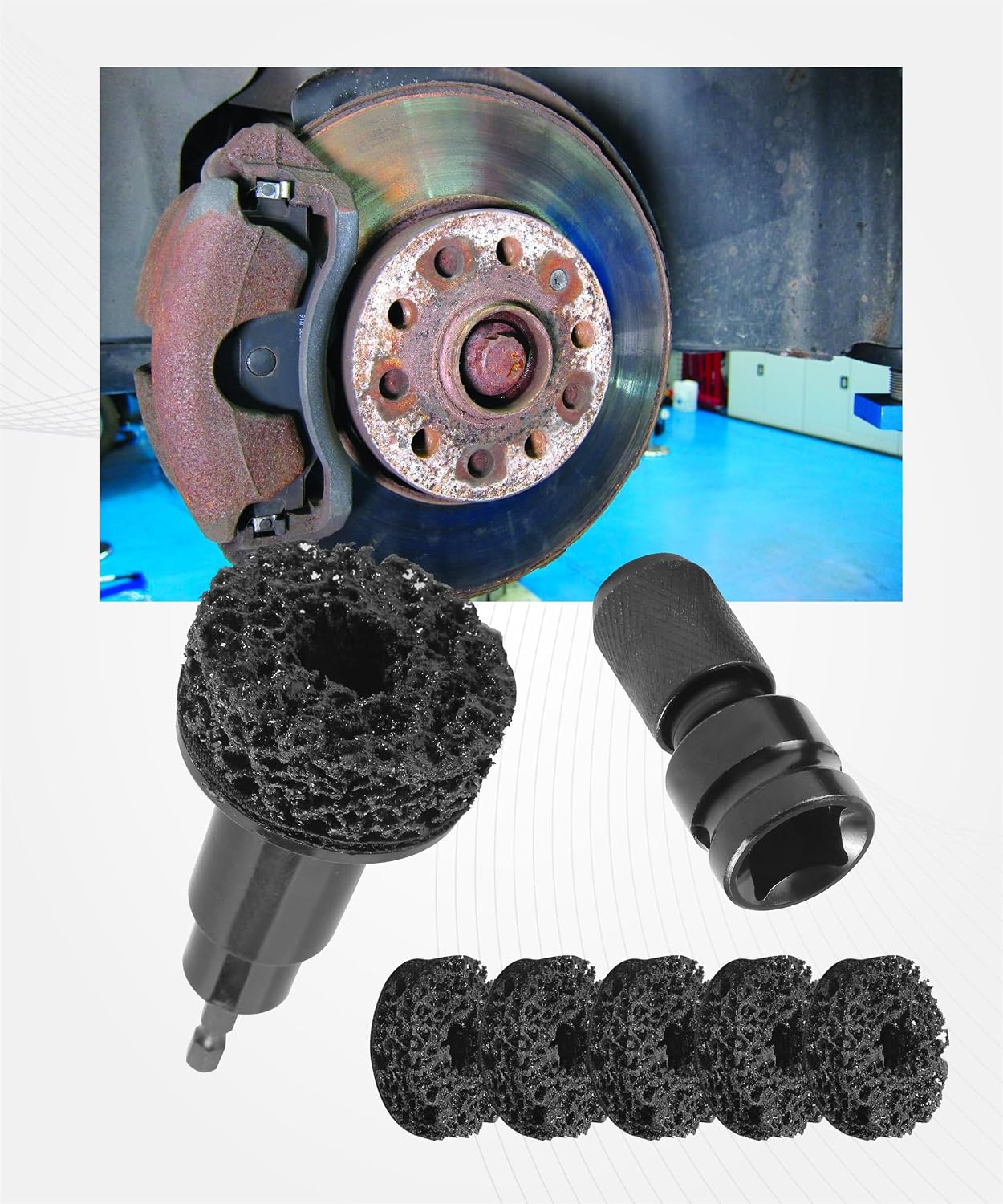 Wheel Hub Cleaning Tool,Car Accessories Wheel Stud Cleaner Kit with 5 Pads,Automotive Brake Hub Cleaning Tool,Used to Power Drill or 1/2" Impact Driven Wrenches,Suitable for Most Vehicle