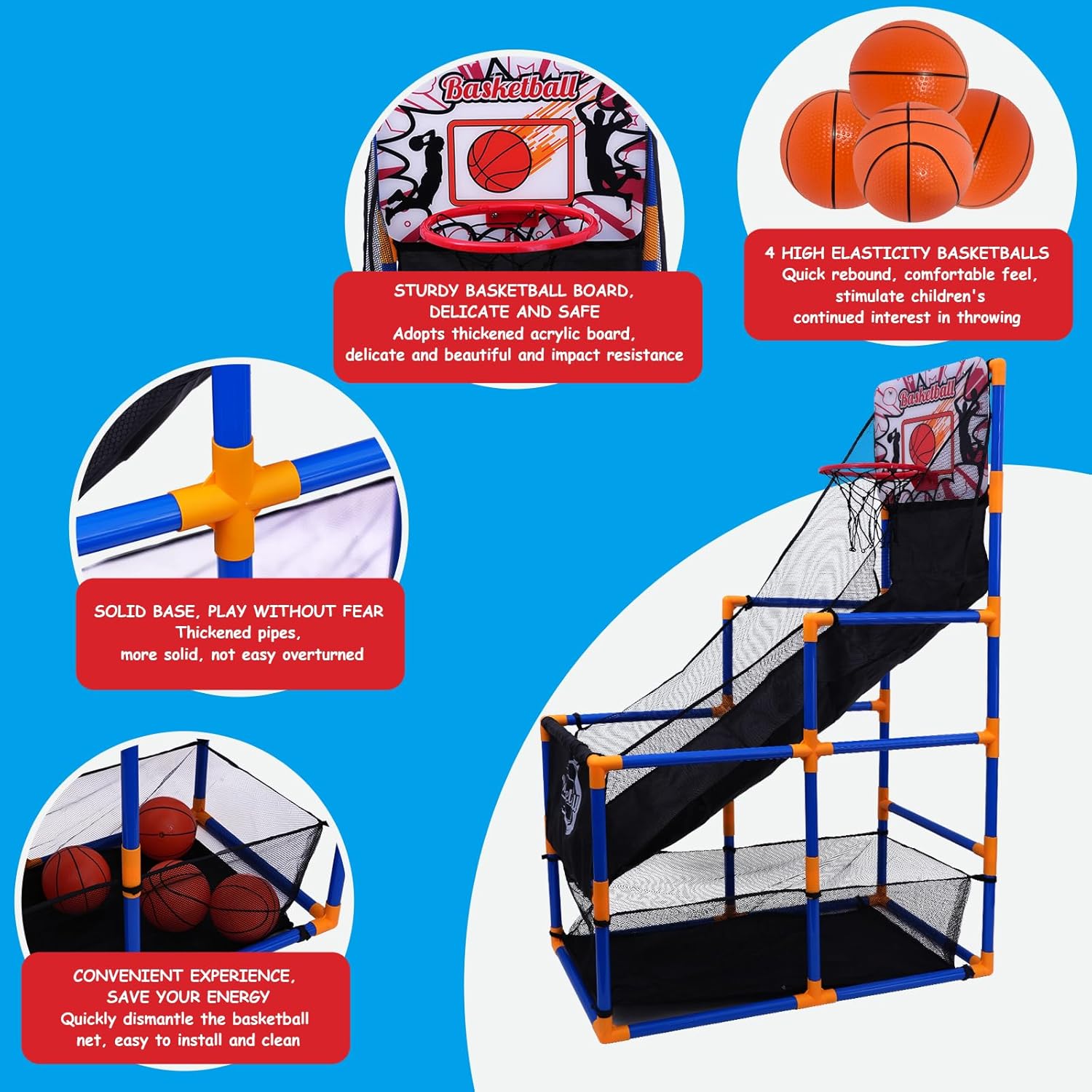 Nattork Arcade Basketball Game Set with 4 Balls and Hoop, Kids Basketball Hoop Indoor Outdoor Sports Toy Gifts for Kids Boys Girls 3-8 Years Old, Air Pump Included, Ideal for Gifts