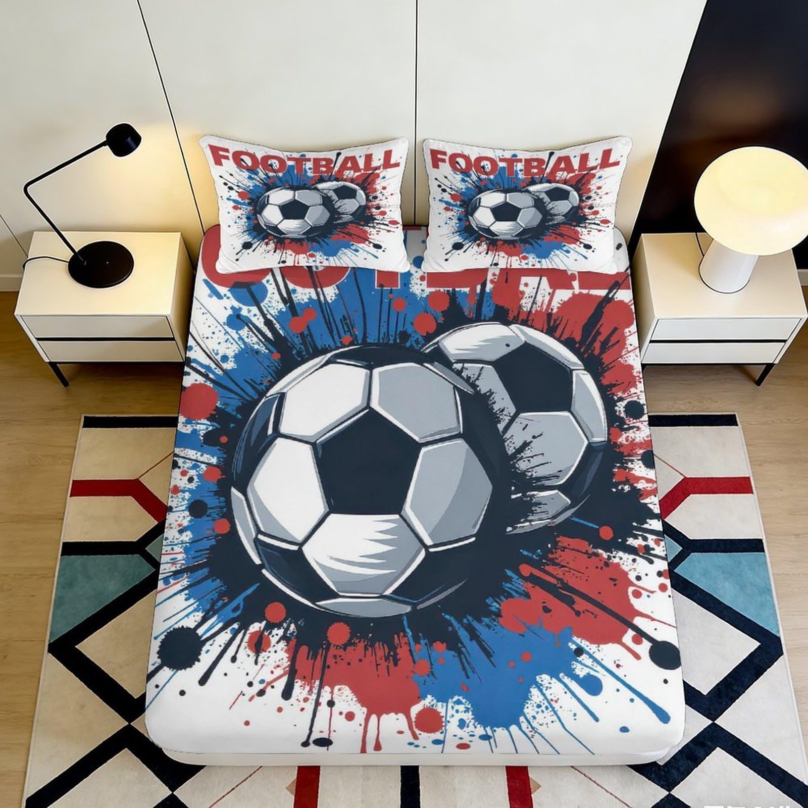 Jqzkxnhpbr Style-4 3D Printed Soccer Splash Fitted Sheet Microfiber Soft Breathable Football Graffiti Bed Cover For Bedroom Guest Room Decor 90X200x25cm
