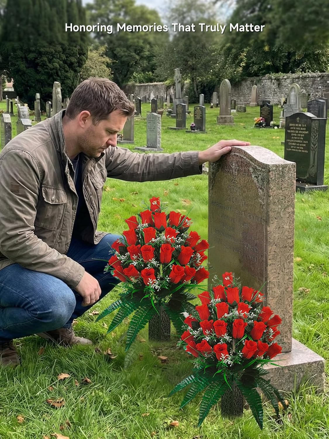 Set of 2 Cemetery Flowers for Grave with Spiked Vases, 24-Stem Red Artificial Rose Bouquets, Wind-Resistant & Non-Bleeding All-Weather Memorial Decorations for Headstones