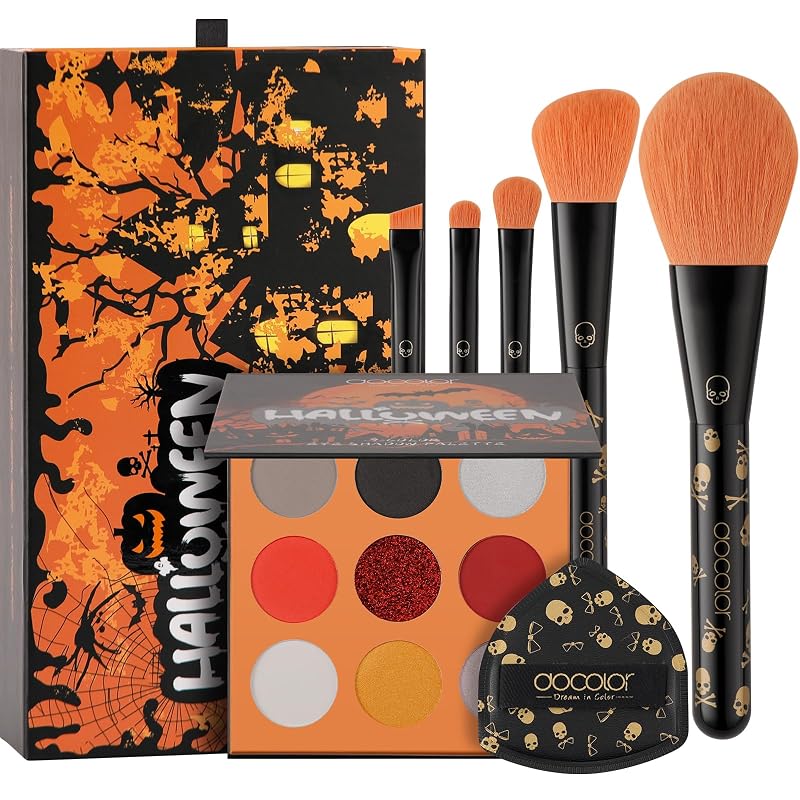Kit de pincéis de maquiagem docolor com 5 unidades, paleta de sombras com 9 cores, esponja e 3 tatuagens temporárias de Halloween