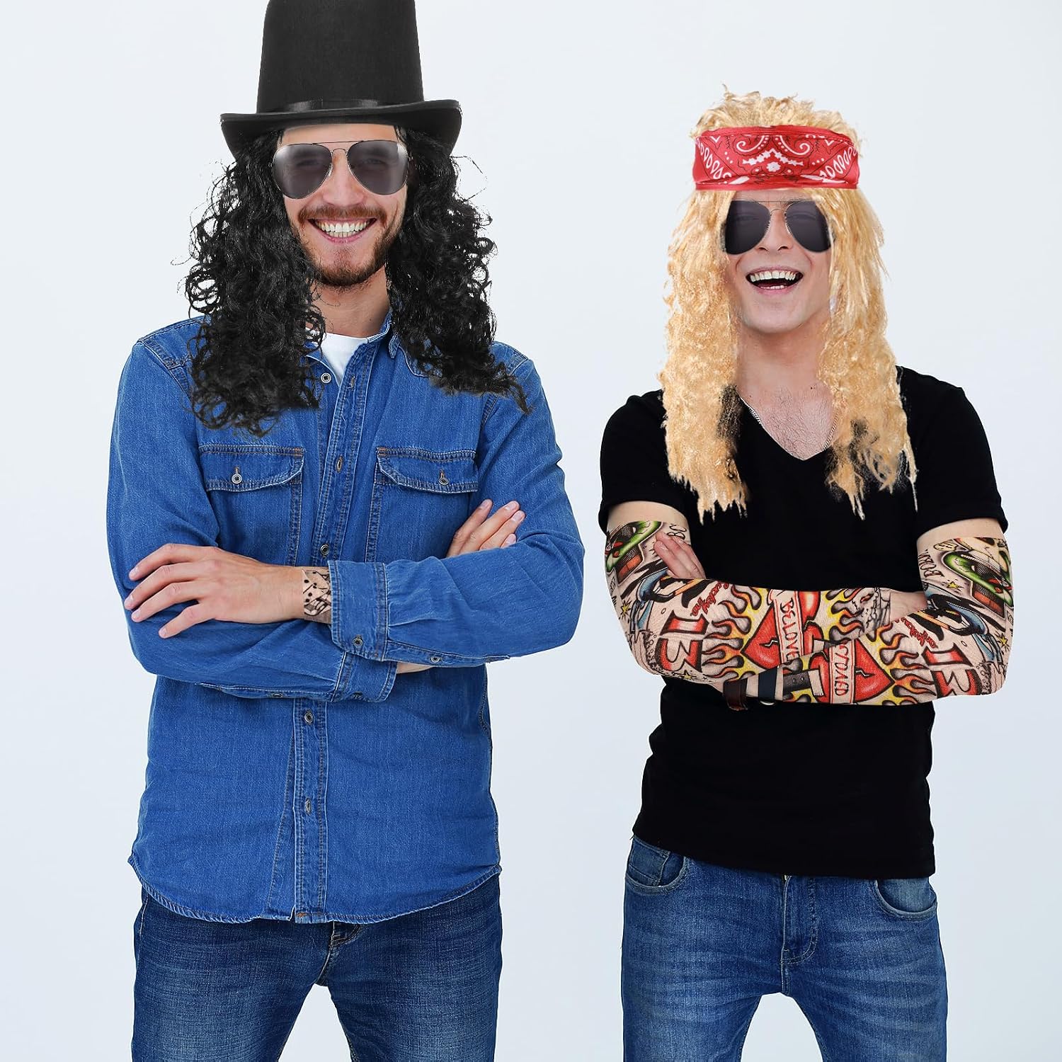 Mepase 14 Pcs 80s Slash Costume Set Disco Rock Costume for Men Top Hat Inflatable Guitar Wigs Scarf Wigs Sunglasses Tattoo Sleeves for Halloween Cosplay Multicolor