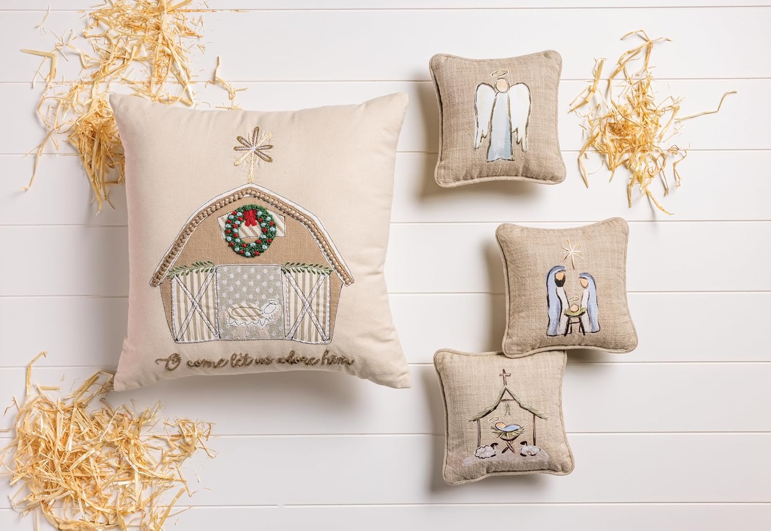 Mud Pie Christmas Nativity Barn Pillow, 18" x 18", Beige/Khaki