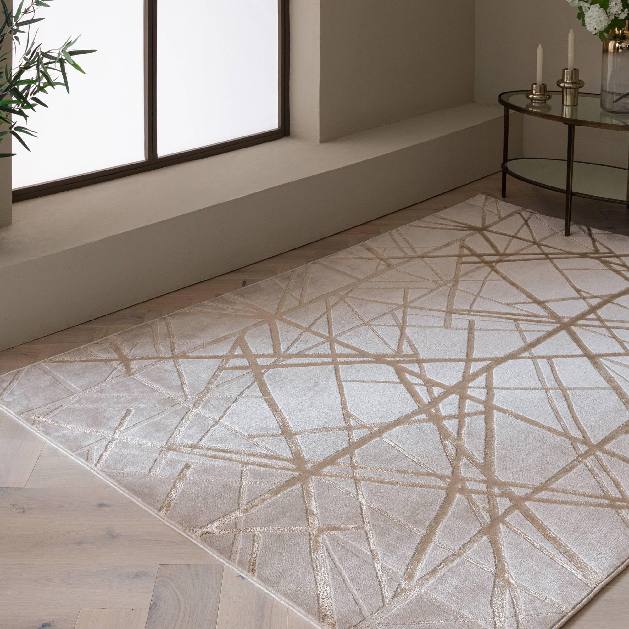 Lord of Rugs Modern Abstract Shiny Rug Silky Shimmer Soft High-Shine Carpet for Living Room, Bedroom Luxury Geometric and Marbled Patterns Rug Mica AU13 Yellow/Gold, Medium 120 x 170 cm (4'x5'6") — image 1