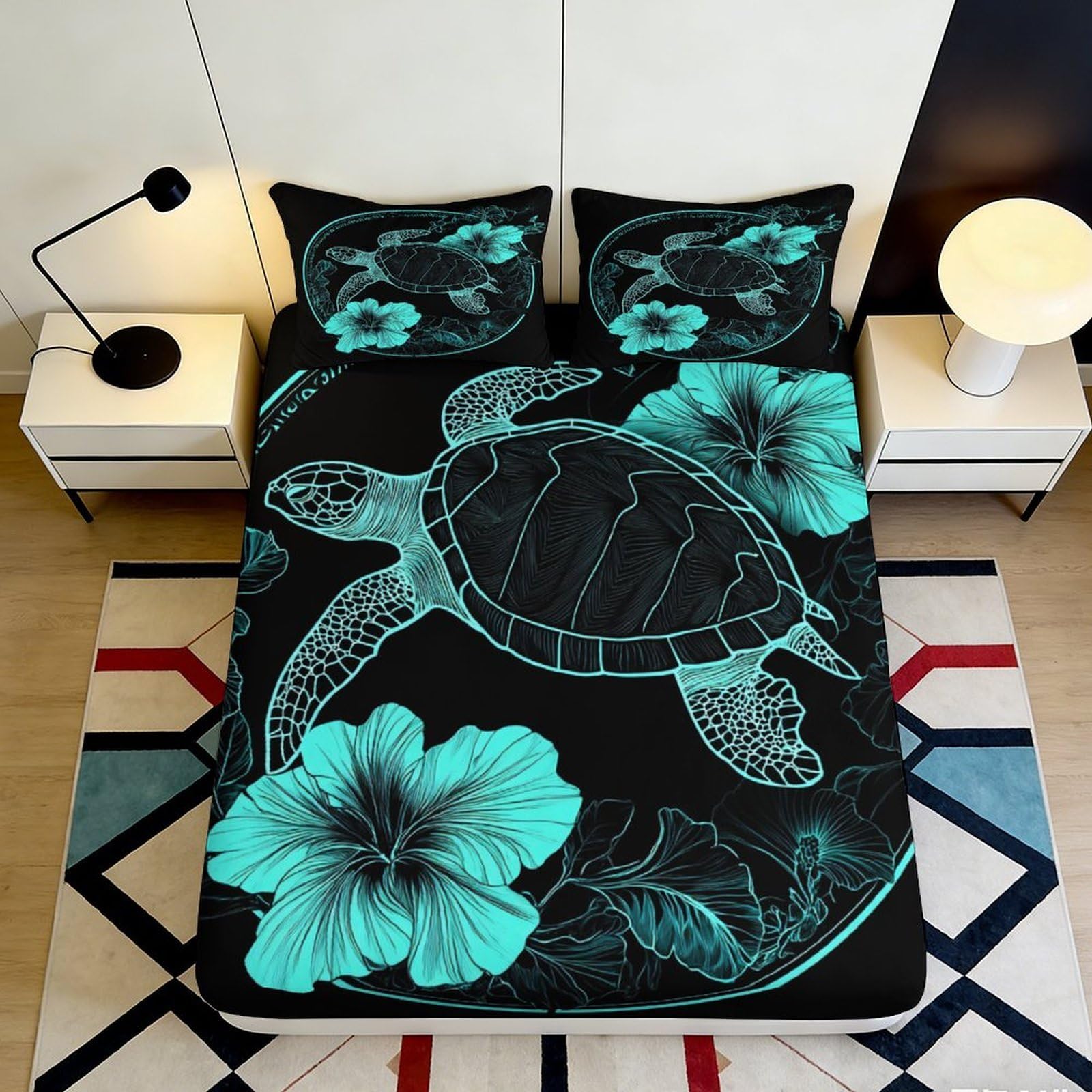 3D Printed Sea Turtle Floral Fitted Sheet Microfiber Deep Pocket Non-Slip Bedroom Bedding Ocean Mattress Fitted Cover Full Wrap Washable 200x200x25cm