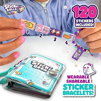 Sky Castle Sticki Rolls Sticki Book, Wearable & Shareable Sticker Bracelet, 120 Mini Stickers, Bracelet and Sticki Book, Assorted Colours and Styles, Packaging May Vary