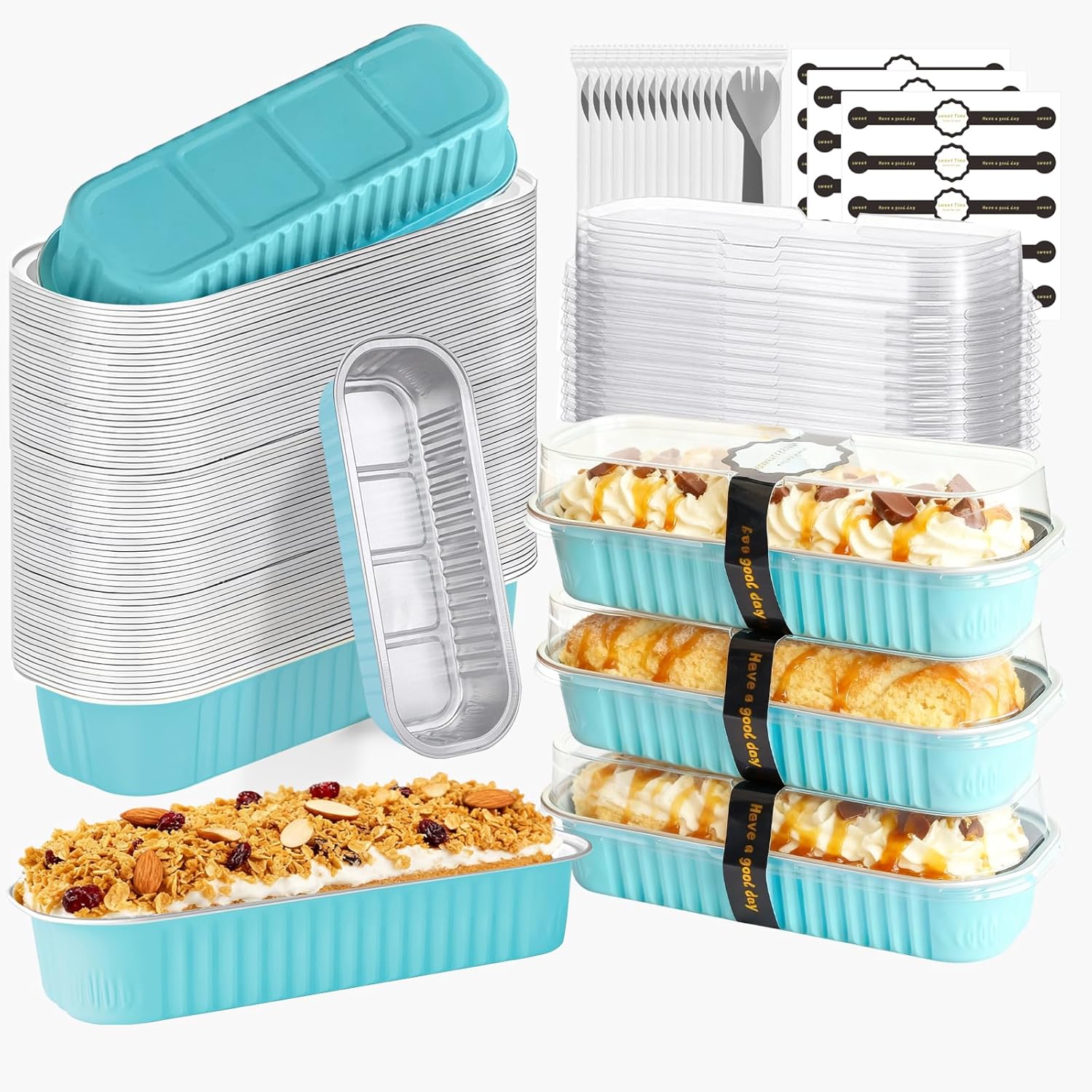 OBXMLFY 50 Pack Mini Cake Pans with Lids and Spoons, Mini Loaf Baking Pans 6.8oz, Small Disposable Aluminum Foil Loaf Pans, Rectangular Baking Containers for Party and Picnics, Cheesecake Pans (Blue)