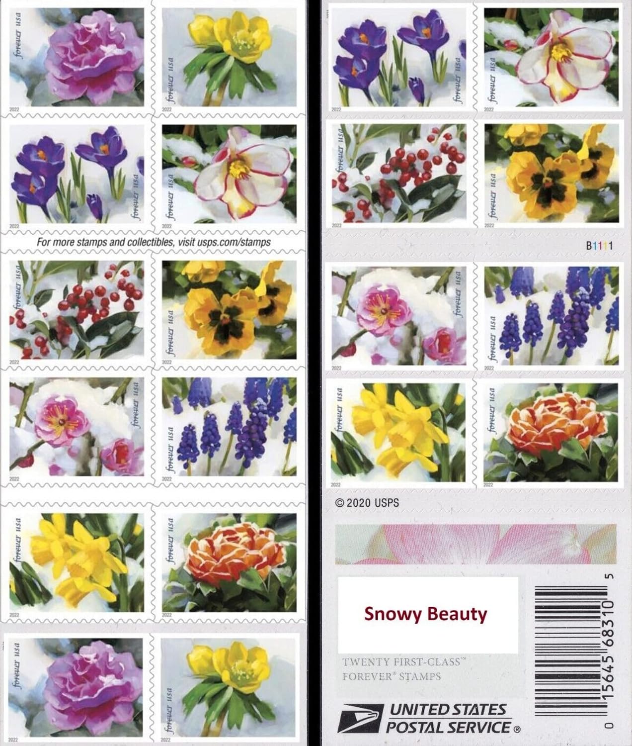 USPS Snowy Garden Beauty Forever Self-Adhesive Postage Stamps, Wedding, Love, Celebration, Holiday, Winter, Flower (1 Booklet, 20 Stamps)