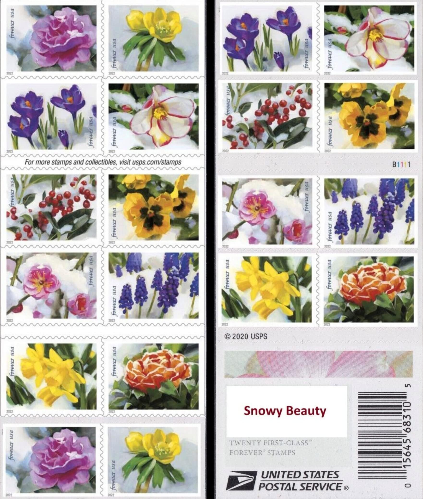 Snowy Beauty 2022 (2 Books of 20) Winter Flowers, Garden, Wedding, Love, Celebration, Holiday First-Class Mail Forever Postage Stamps