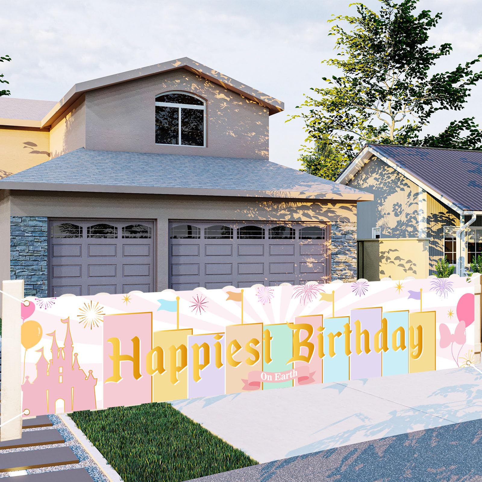Happiest Birthday on Earth Banner - Princess Castle Birthday Party Yard Backdrop, Pastel Rainbow Stripes Magical Background Decorations 8.2 * 1.6ft