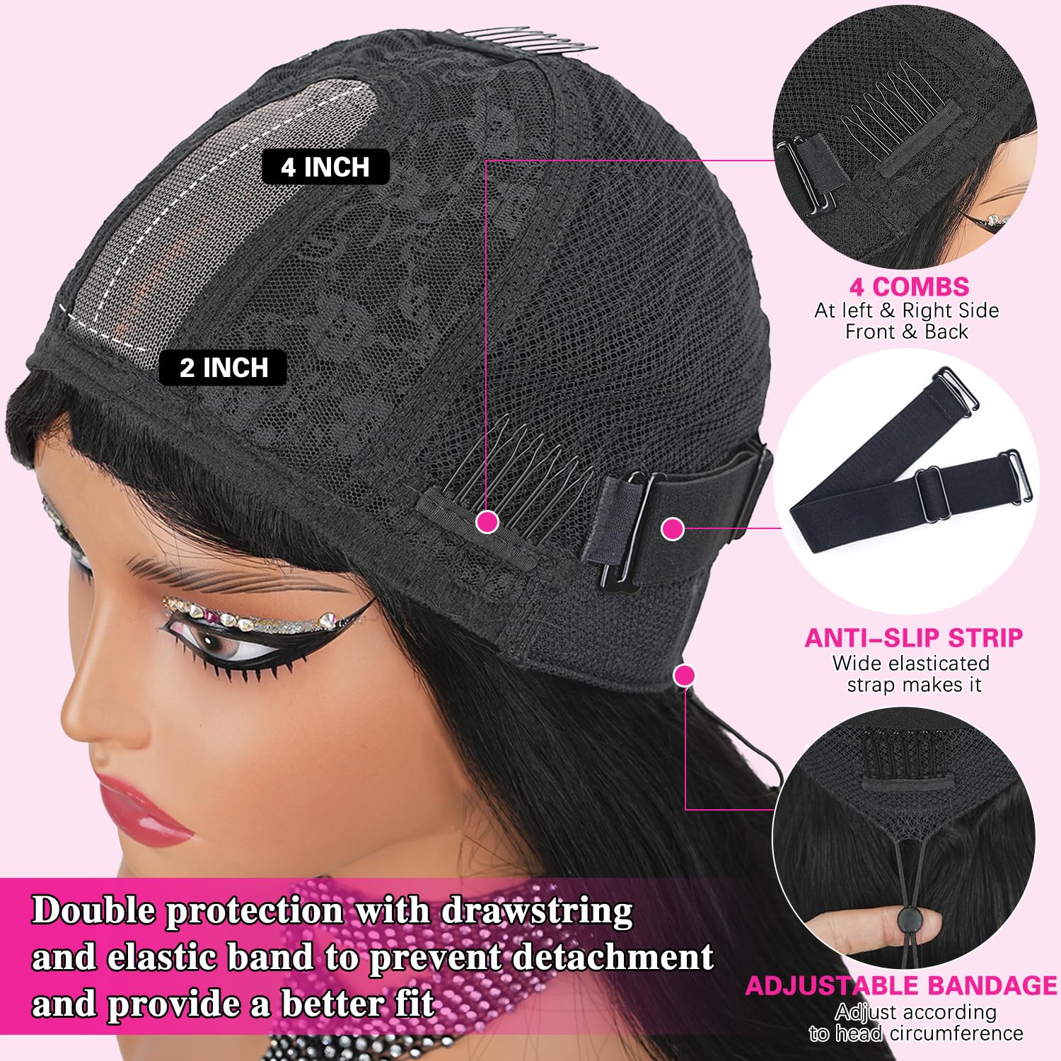 20 Inch 2x4 Bangs Wigs With Drawstring and Wide Elastic Band Human Hair 200% Density Lace Front Wig Brazilian Virgin Hair Glueless Wig Natural Black Color