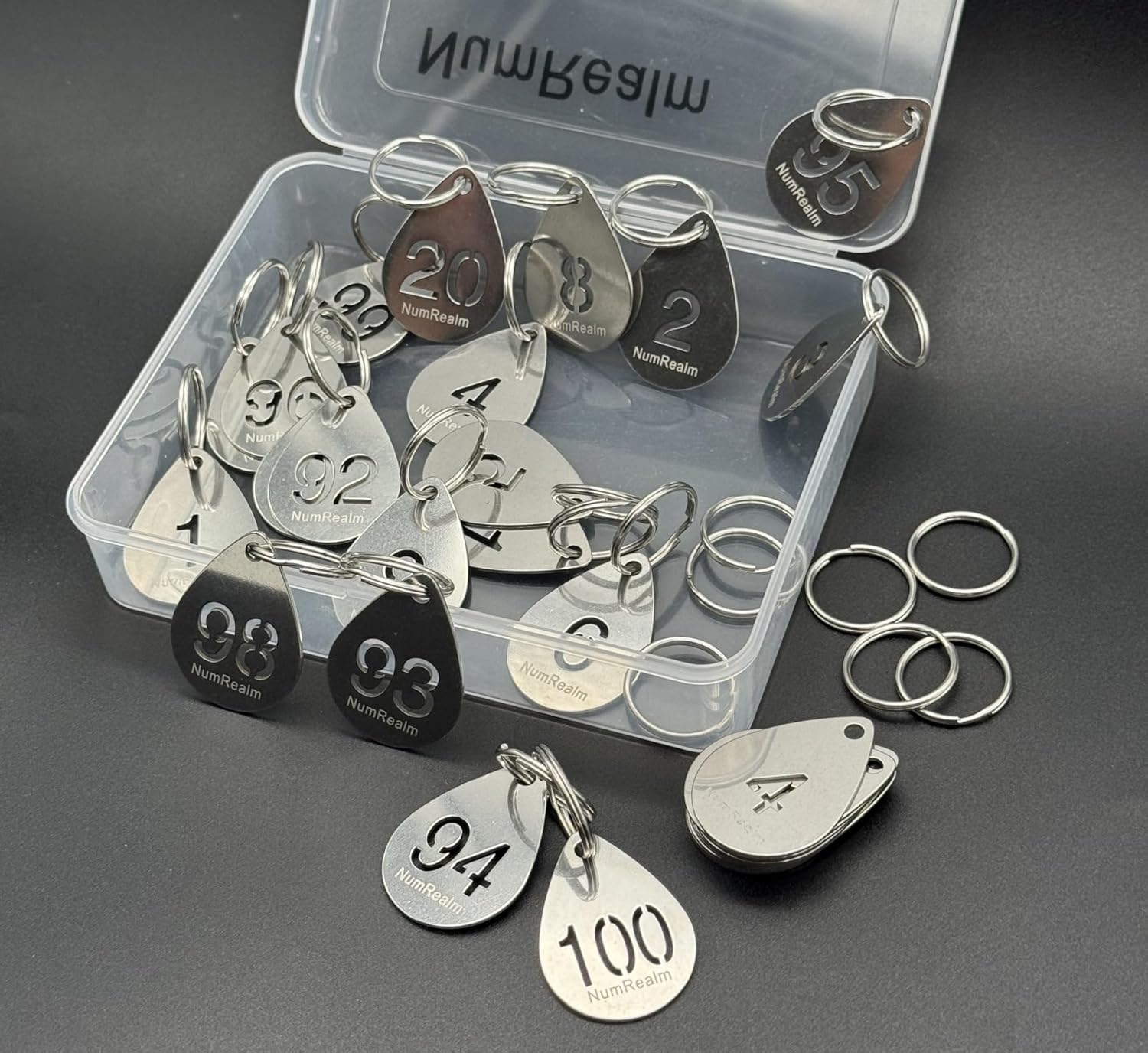 Hollowed Number Tags with Rings, Water Drop Shape 304 Stainless Steel Key ID Labels - 1-100