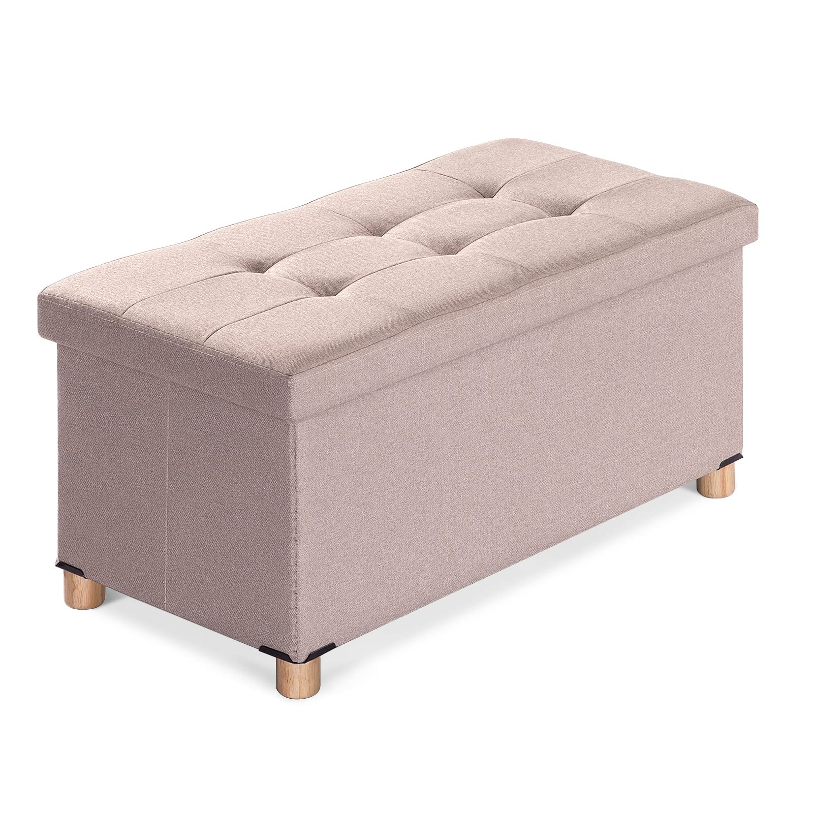 BRIAN & DANY 30” Folding Storage Ottoman Bench with Wooden Feet and Lid, Linen Fabric Bench with Resilient Sponge Padded for Bedroom, Living Room & Entryway, Foot Rest, beige