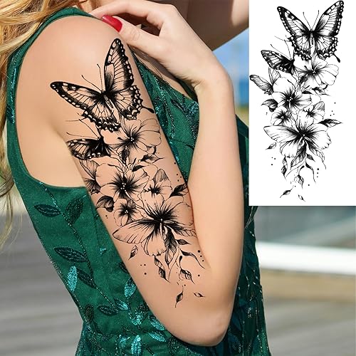 Miniatura 6 de 10 hojas de tatuajes temporales realistas de flores de rosas para mujeres, muslos de brazo, grandes y sexys serpientes, león, mariposa, tatuajes