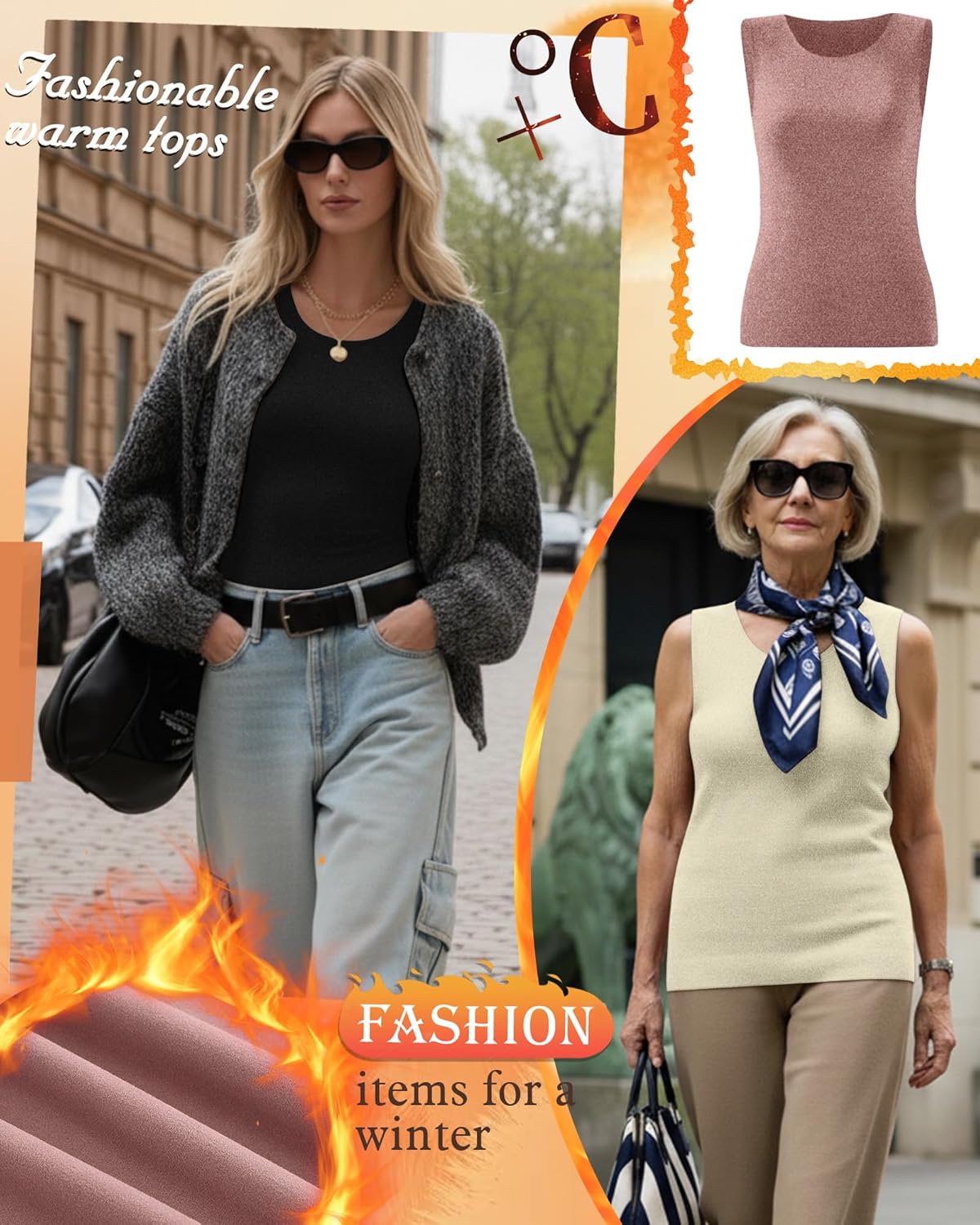 3 Pack Women's Thermal Tank Tops Fleece Lined Underwear Tops Sleeveless Undershirt Camisole Warm Base Layer Vest(Black, Cream, Gray Pink,Large) - Image 2