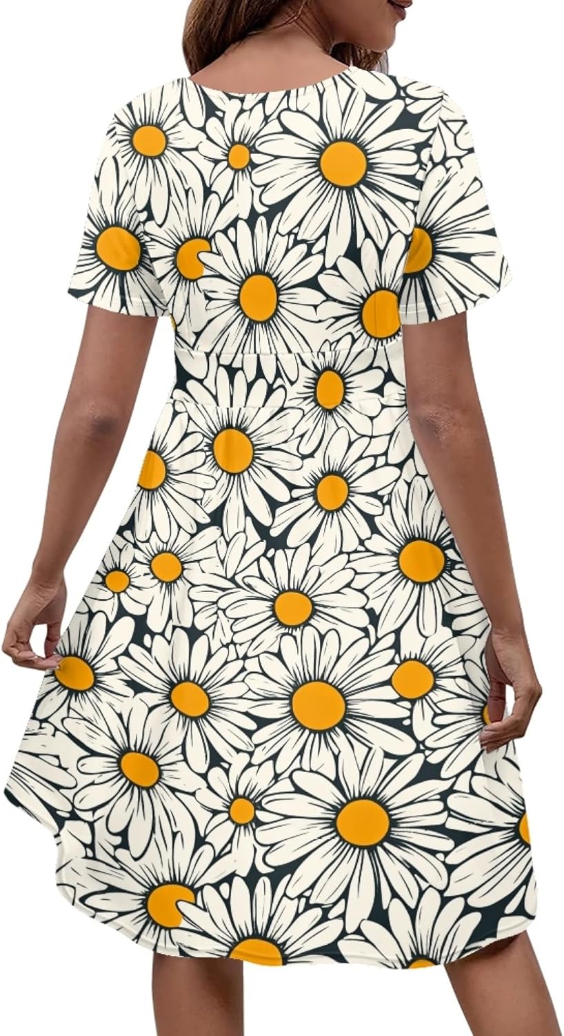 Women 2025 Floral Print Dresses Short Sleeve V Neck Empire Waist Mini Casual Dress Swing Flowy Sun Dress - Image 2