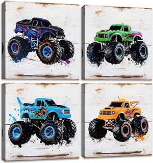 The Mode Art Monster Truck Wall Art 4 Pieces Prints for Kids Rooms Home Office Canvas Artwork Painted truck Theme Photos Wall Decor in the Boy's Bedroom Each Size: 12"x12"