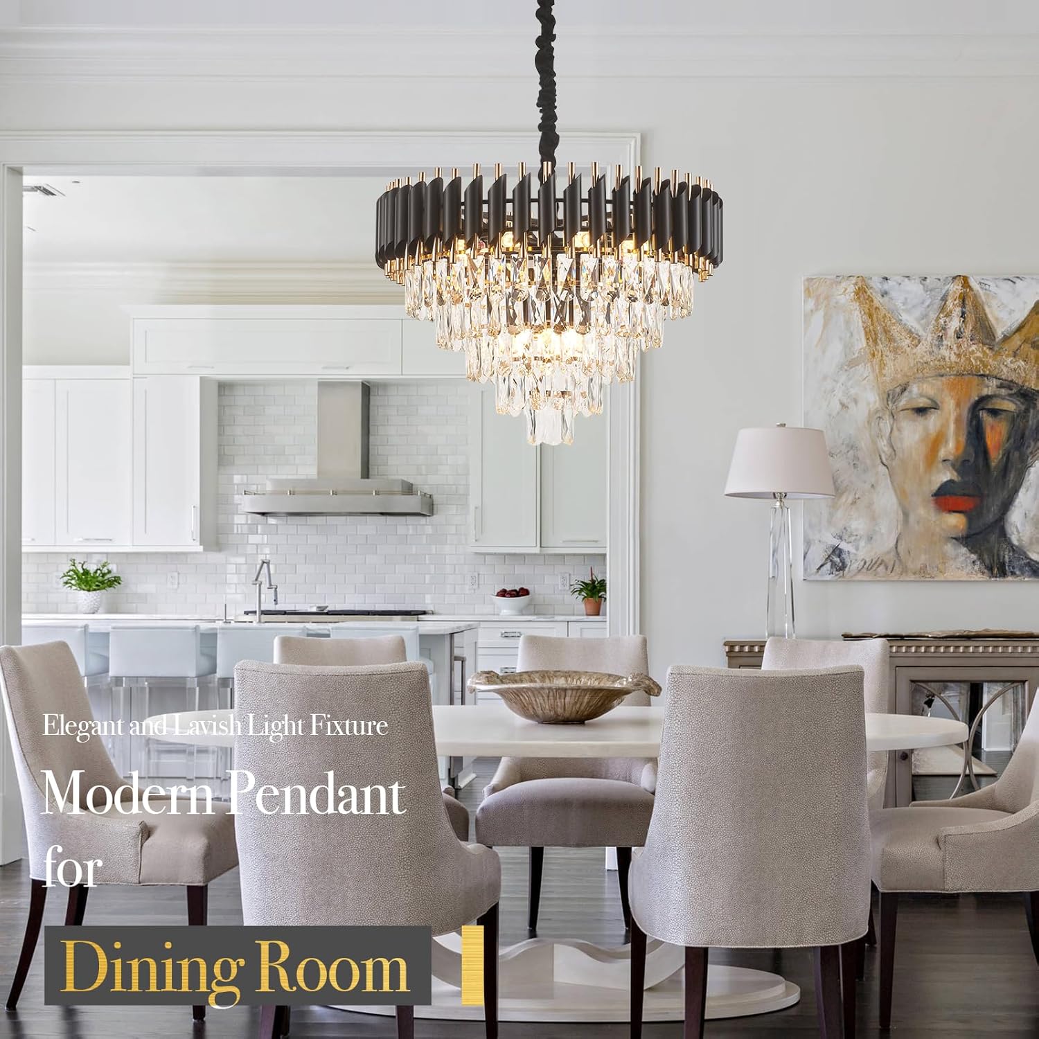 23" Black and Gold Chandelier,5-Tier Round Modern Crystal Chandeliers for Dining Room,12 Lights Hanging Pendant Ceiling Light Fixture for Living Room Bathroom Bedroom Entryway Staircase Foyer