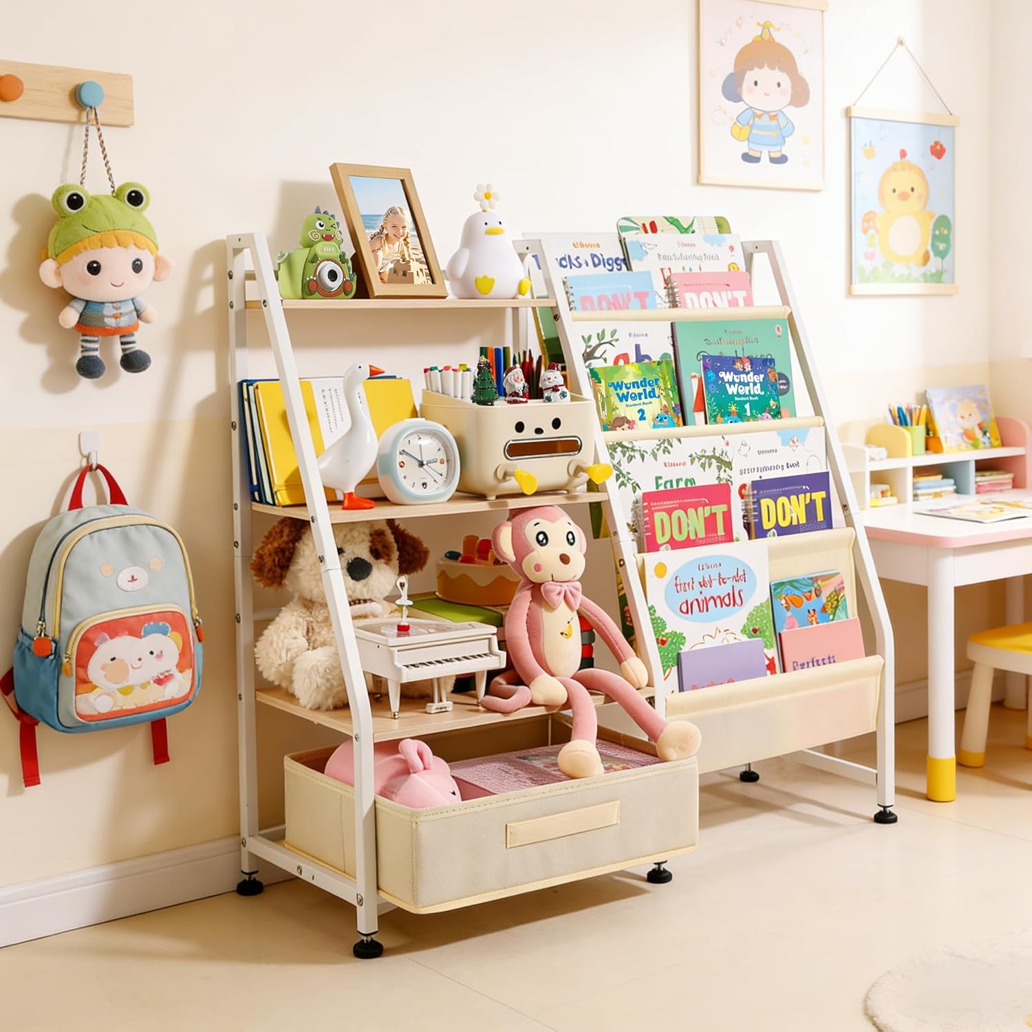 Kids Bookshelf and Toy Storage-Book Shelf for Kids Rooms，Toddler Bookshelf Baby Bookcase with 4 Sling Shelves & Fabric Toy Chest Toy Organizer for Playrooms, Bedrooms, Nursery