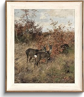 Uniro Vintage Framed Wall Art, Classical Fall Countryside Landscape Oil Painting, Rustic Autumn Deer Hunting Lodge Decor, Farmhouse Wall Decor Canvas Prints Artwork with Antique Frame, Victorian Wall Picture Decor for Gallery Living Room - 10"x12"