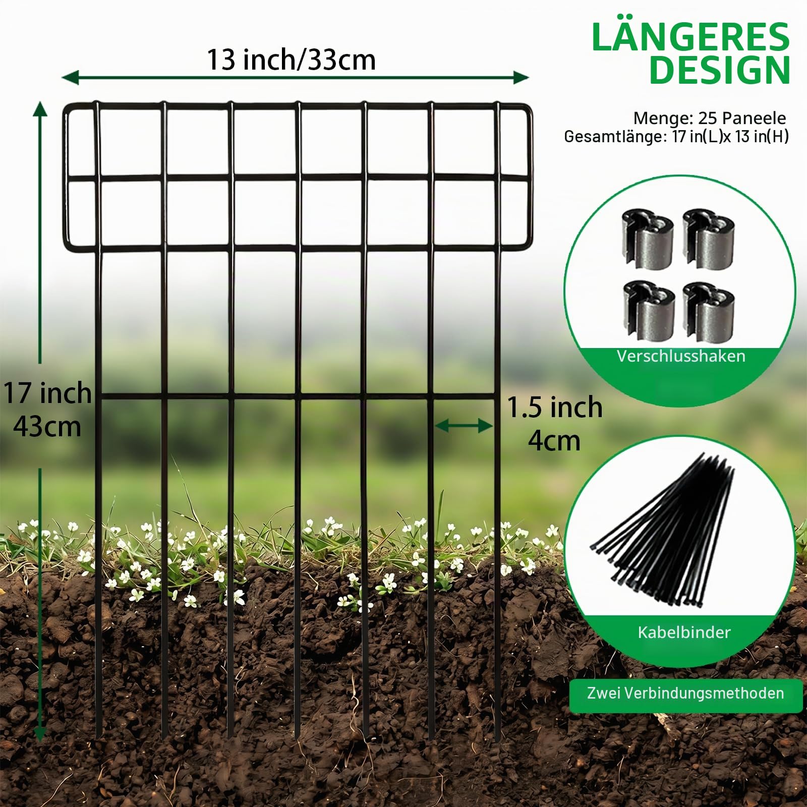 Thealyn 25er-Pack Tierbarriere-Zaun Metall Dekorativer Gartenzaun 43 cm (H) X 33 cm (B) Gesamtlänge 8,2 m Kein Graben-Zaun Patio-Grenze Tierzaun für Hunde Kaninchen im Freien Patio