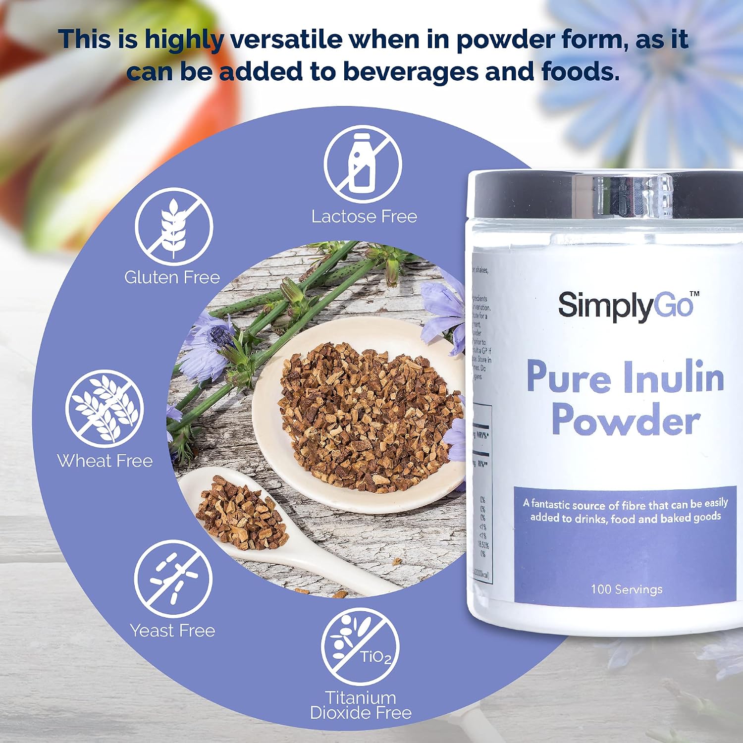 Pure Inulin Powder from SimplyGo | 500g | 100 Servings | Great Source of Soluble Dietary Fibre | Prebiotic Supplement | Vegan Friendly | Resealable Tub for Ease