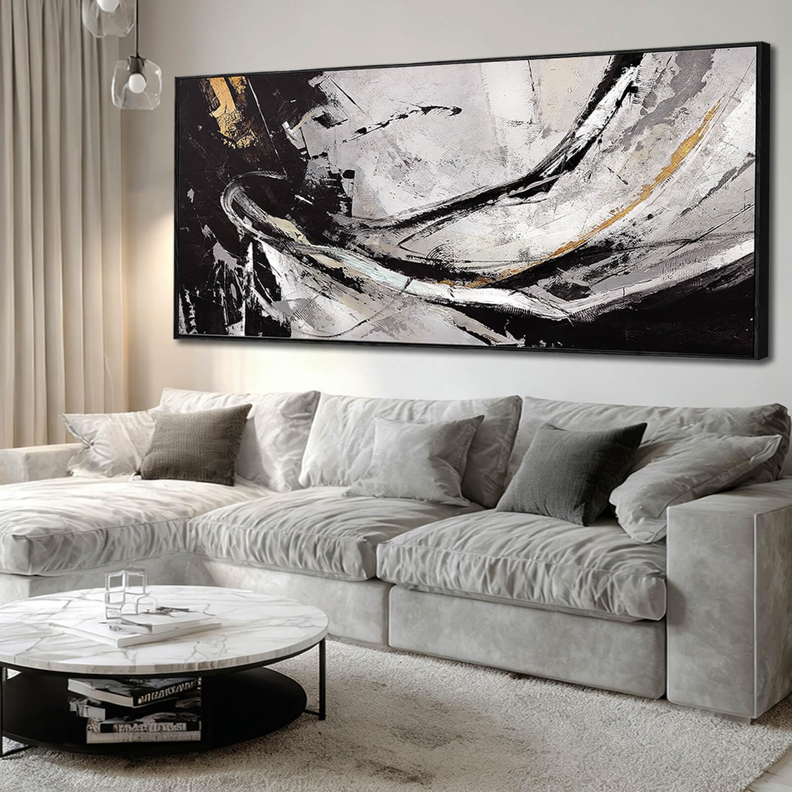 View 1 of ***DAMAGED - SEE NOTES/PICTURES*** XIANSHOU Black and White Wood Wall Decor Abstract Photo Prints Contemporary Wall Art 32"x70" Large Pictures for Living Room Art for Office