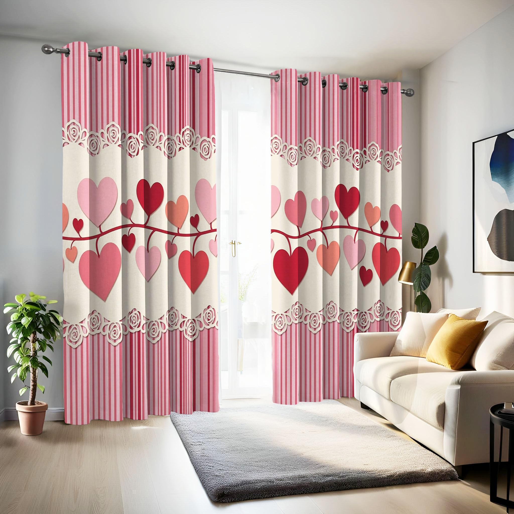 Verdunklungsvorhänge mit Ösen 2er Set H138 x B117 cm Blickdichte Vorhänge Herzförmige Spitzenstreifen Thermovorhänge Bohème-Stil Gardinen für Wohnzimmer Schlafzimmer Balkon Fensterdeko, Hellrosa