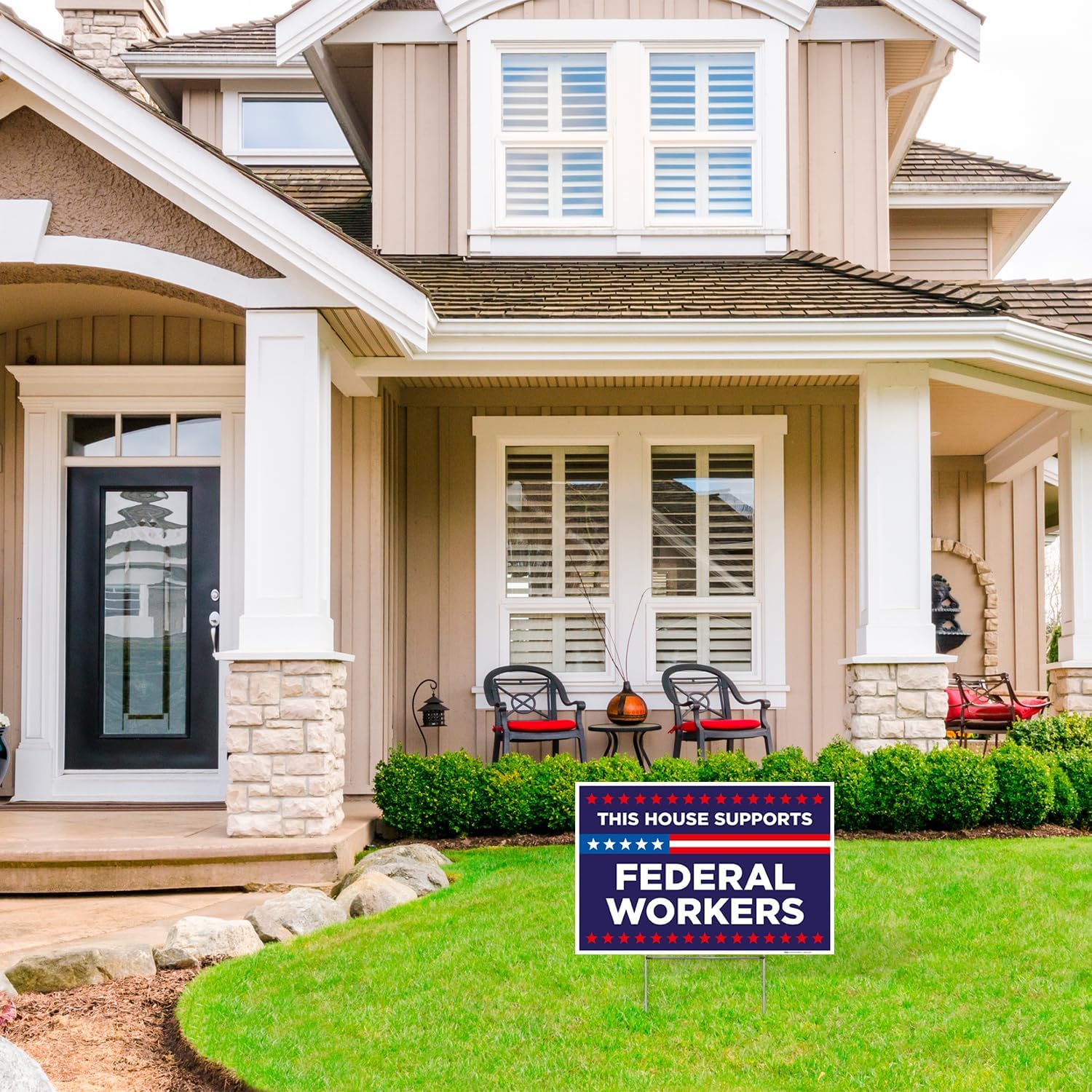 This House Support Federal Workers Blue Sign, 12x18 Inches (3 Pack) Coro Plastic Double Sided with Metal H Stake Waterproof, Outdoor Lawn Signage, Made in USA by Armo