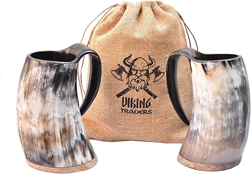 Miniatura 2 de Taza original de cuerno vikingo con saco de arpillera, base de madera de 20 onzas, extra grande, inspirada en la Edad Media, hecha a mano, pulida,