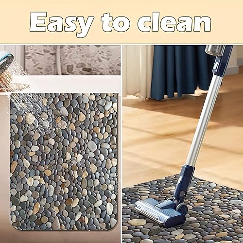 Vista 5 de Alfombra de baño con estampado de piedra de guijarro, antideslizante, lavable, patrón de adoquines, tapete de baño pequeño con parte trasera