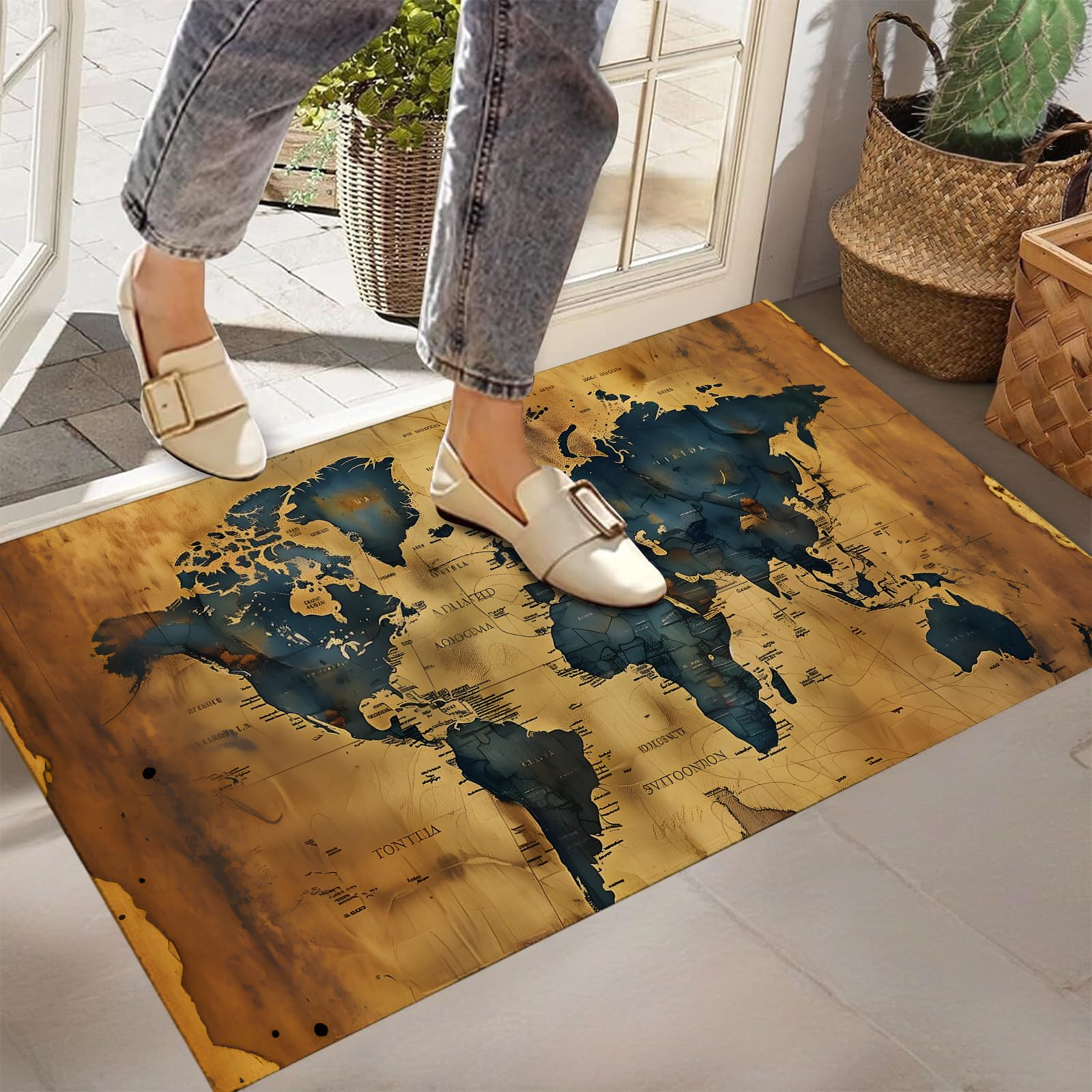 Vintage World Map Indoor Door Mat,Non-Woven Fabric Door Mat,Anti-Slip Backing Welcome Mat for Front Door,Indoor Entrance,Kitchen, Bedroom,Living