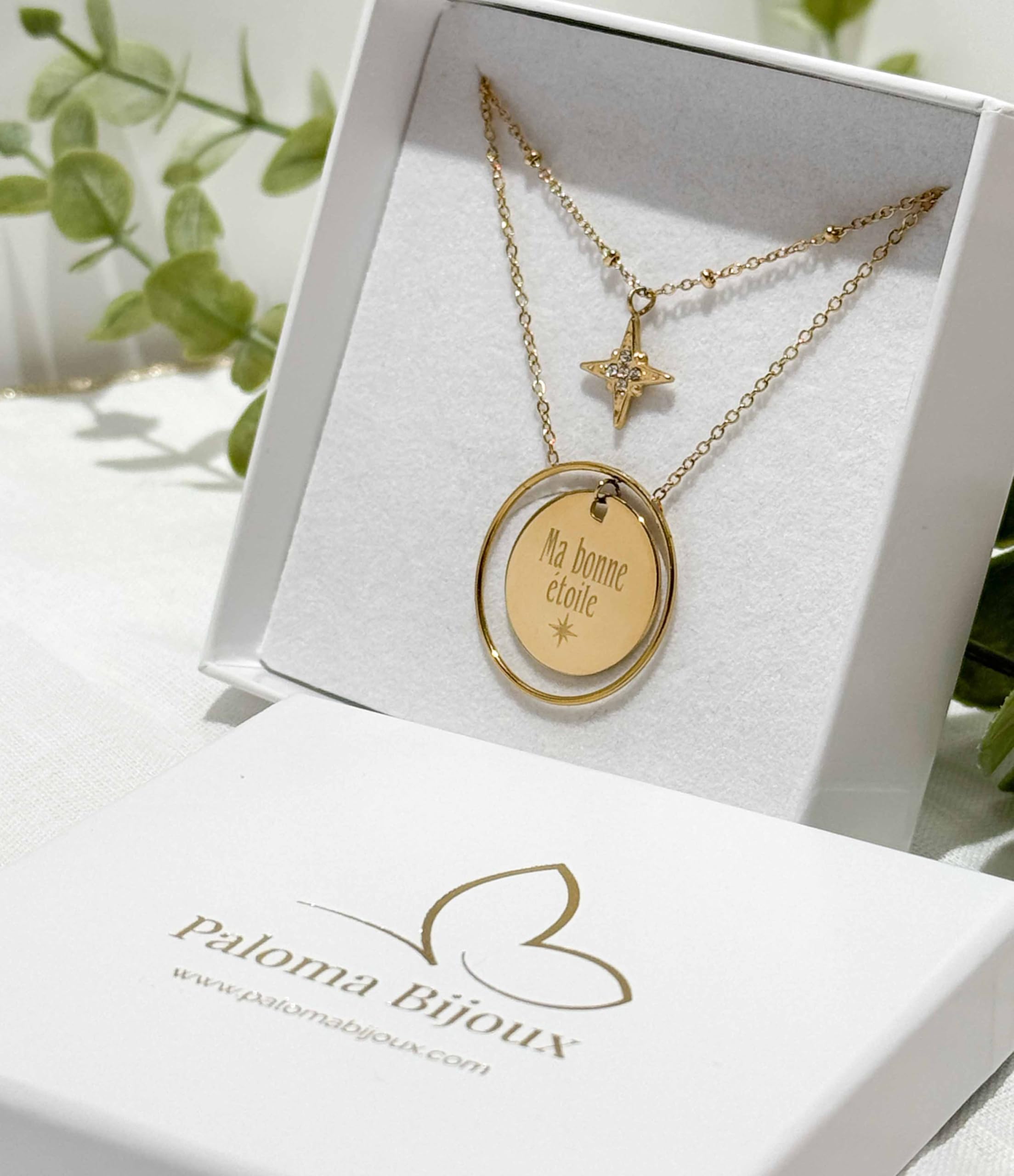 Paloma - Collar de 2 filas con estrella de cristal y medalla redonda personalizable de acero quirúrgico de alta calidad, grabado realizado en Francia
