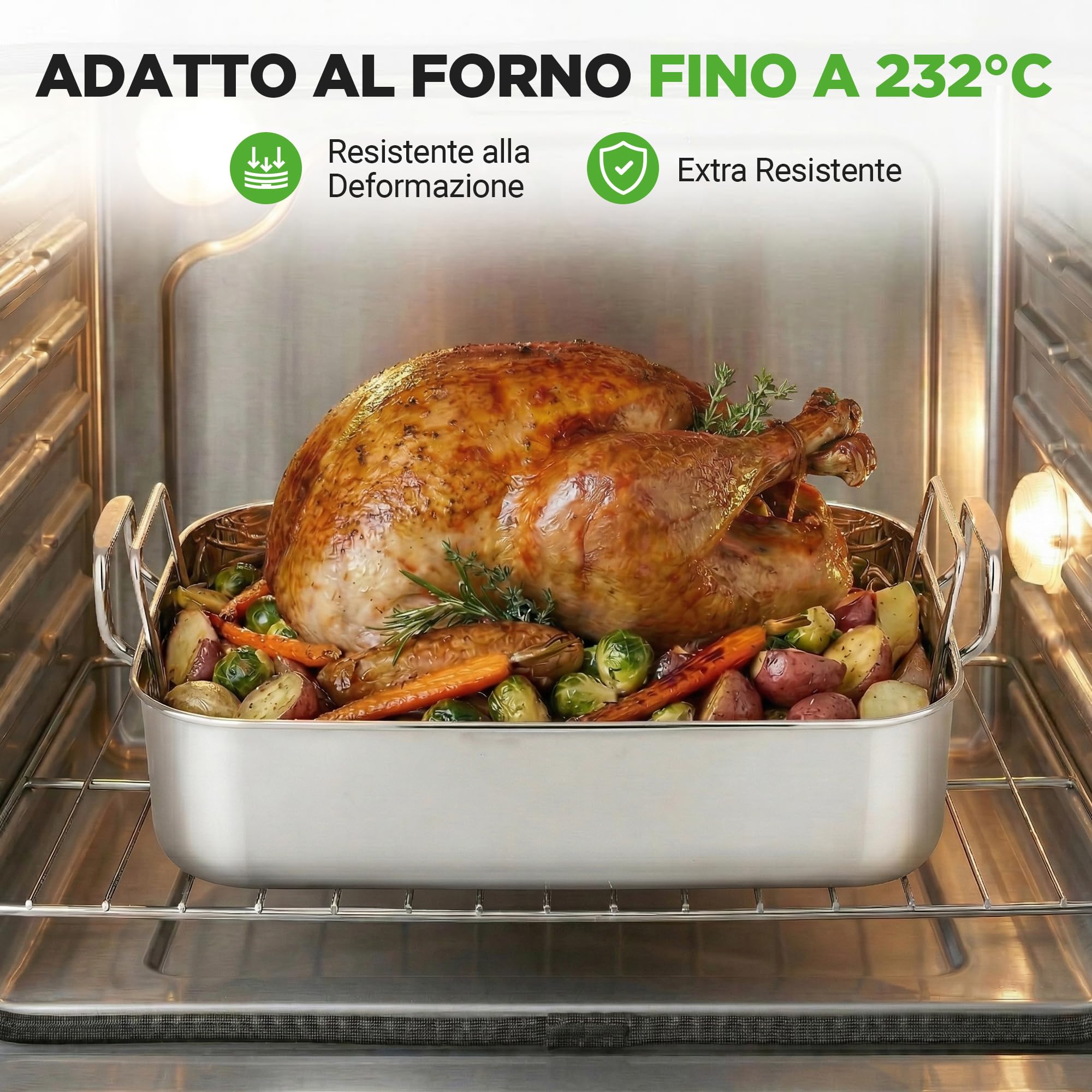 NutriChef Teglia Forno e Teglia Forno Rettangolare con Griglia Lucidata, Manici Larghi e Coperchio in Acciaio Inox, Ideale per Arrosti, Cene di Ringraziamento e Piatti Profondi