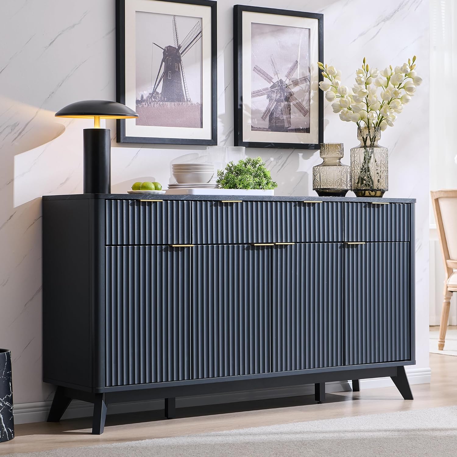 OKD Fluted Storage Cabinet with Drawers, 60" Morden Buffet Sideboard Coffee Bar Cabinet with 4 Doors and 3 Drawers for Dining Room, Living Room,Hallway (Natural Oak)