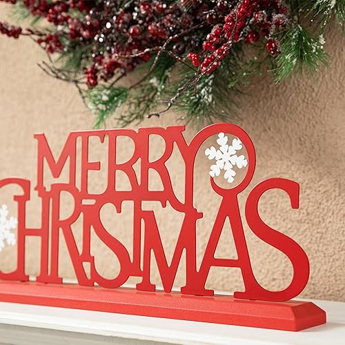 Miniatura 4 de Glitzhome Letrero de madera de metal con texto en inglés "Merry Christmas", decoración de mesa de Navidad, recorte decorativo, decoración de mesa de