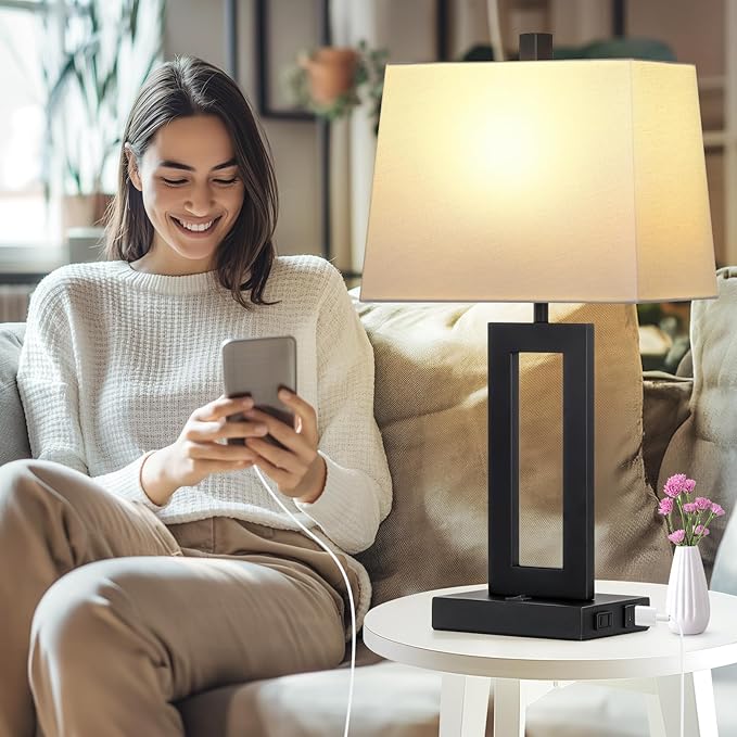 Lámpara de Mesa Cinkeda Set de 2 con USB C+A y Enchufe, Moderna miniatura 4