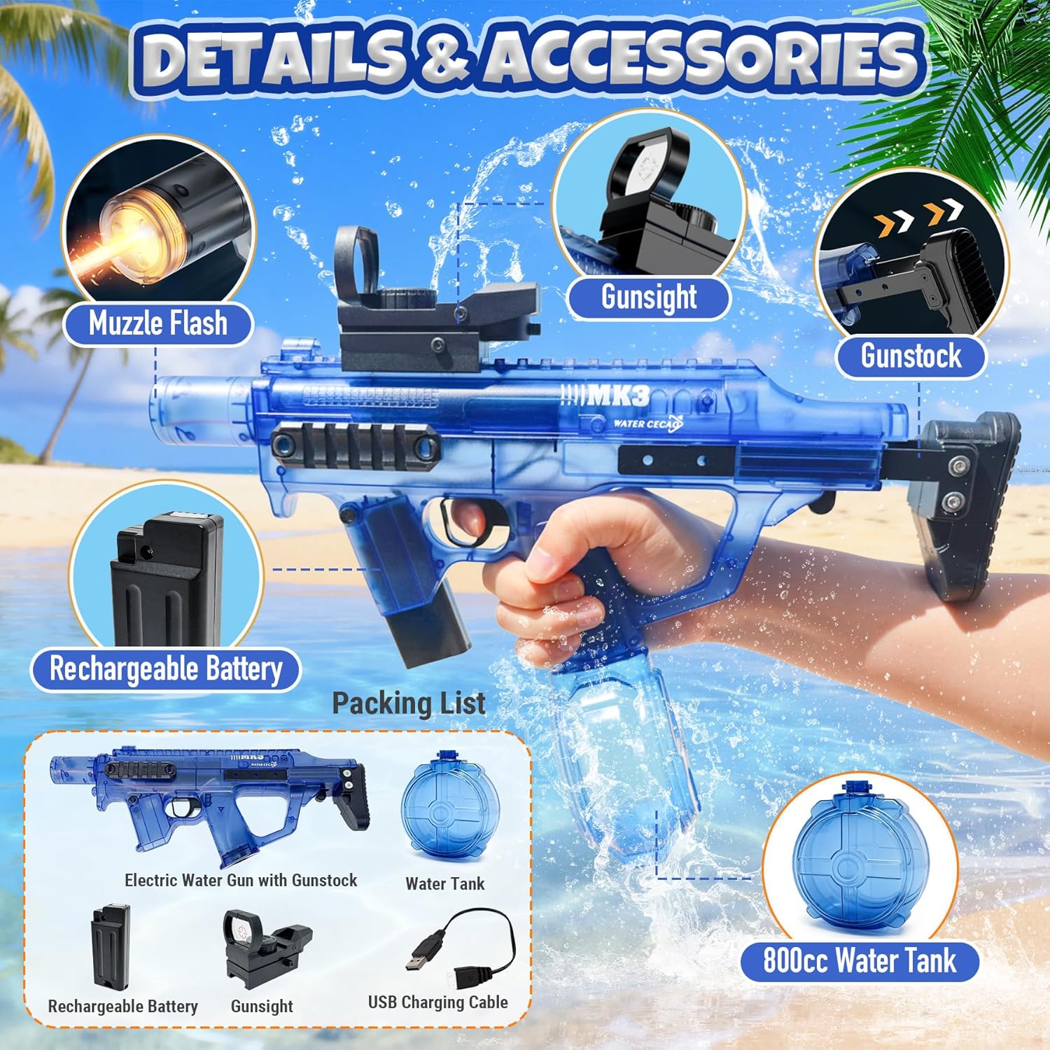Electric Water Gun for Adults Kids - Fully Automatic Squirt Gun with Flashing Muzzle, 26 FT Long Range, Rechargeable Battery Powered Watergun, Powerful Water Pistol Summer Pool Water Battle Toys