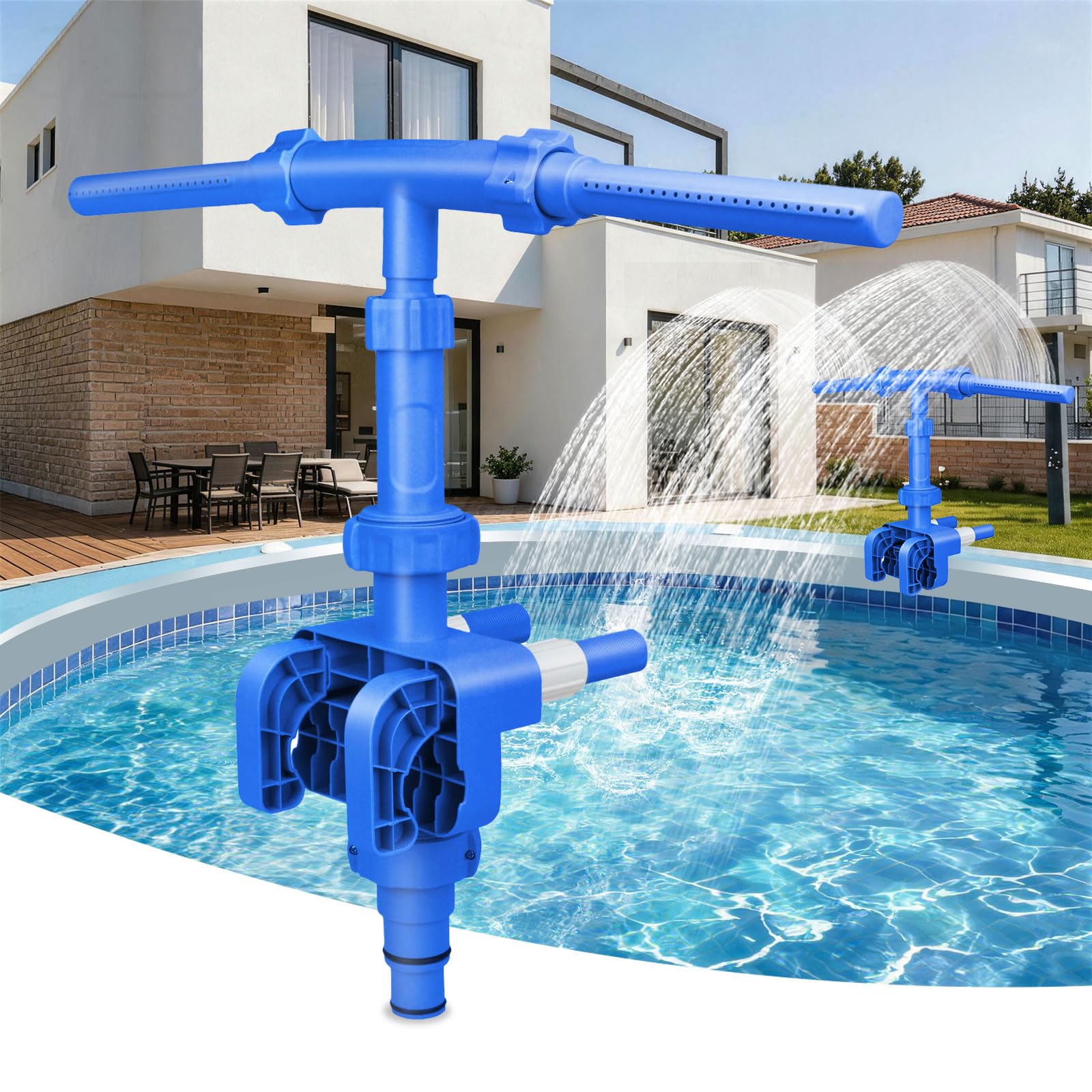 Coxyzoxy 2026 New Dual Pool Fountain, 360° Adjustable Waterfall Spray Pool with Dual Pool Sprinkler, T-shaped Pool Waterfall Decor Fountain with Adjustable Fence Hook for Cooling & Swimming(Blue)