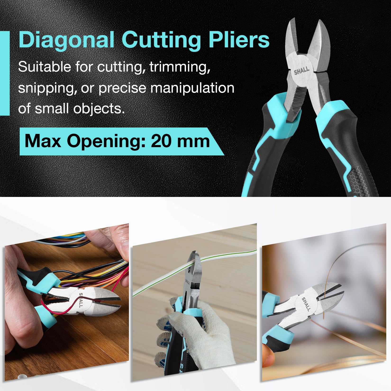 SHALL Set di 3 pinze, pinze a becco lungo 160 mm, pinza diagonale da 160 mm, pinza combinata da 180 mm con impugnatura morbida, per fai da te, riparazioni domestiche e