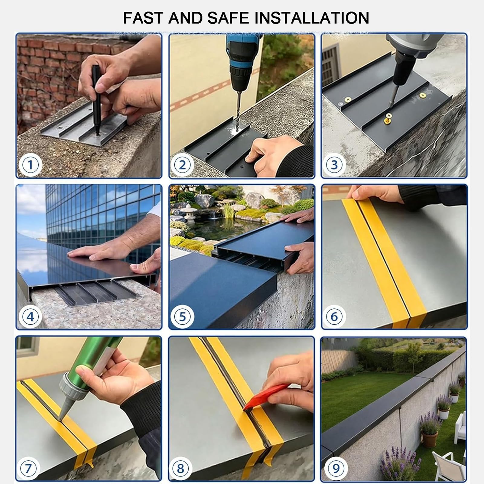 Cubremuros Vierteaguas para Muro Contención | Canal LED integrado, para muros de 13-30cm, montaje con tornillo oculto, borde antigoteo, kit incluido.