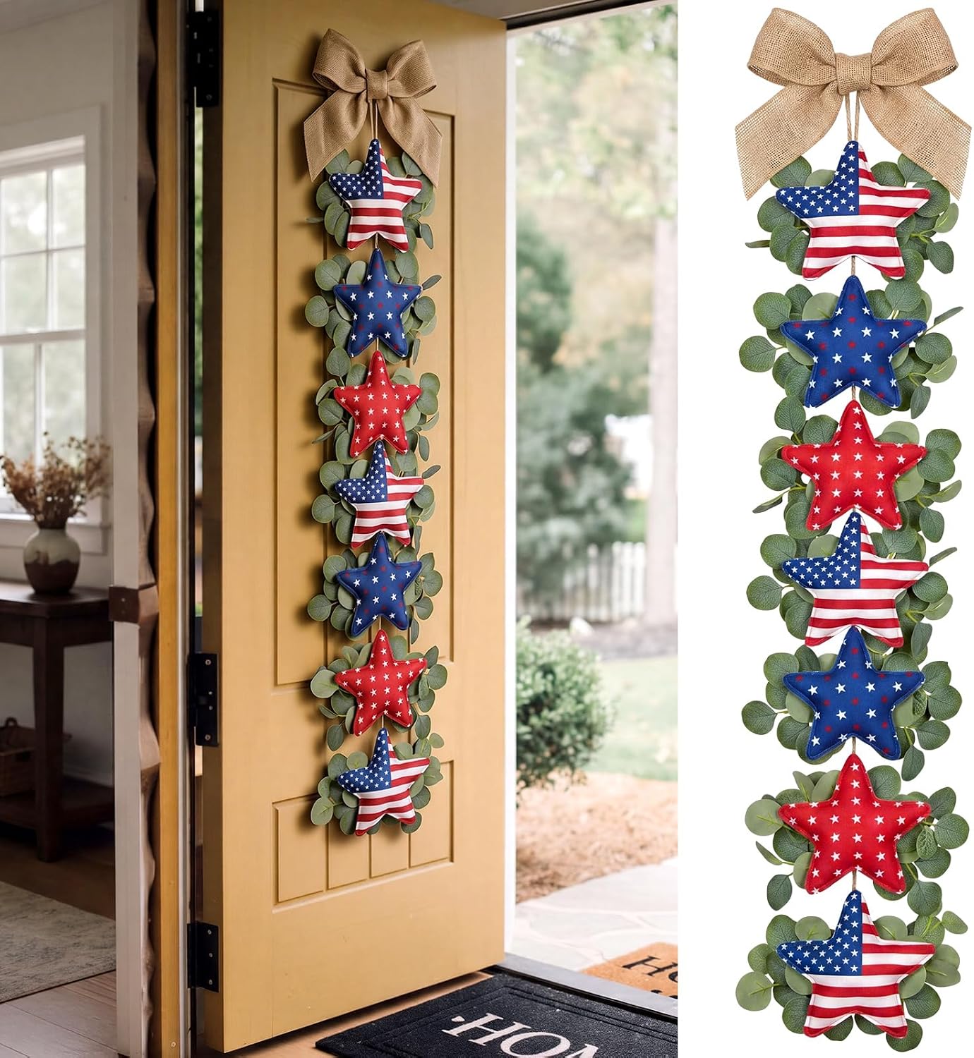 Suncalla 4th of July Garland Rustic 3.3 ft Patriotic Door Decoration Red White Blue Farmhouse American Flag Star Greenery Linen Bow 250th Anniversary Independence for Door Wall Stair
