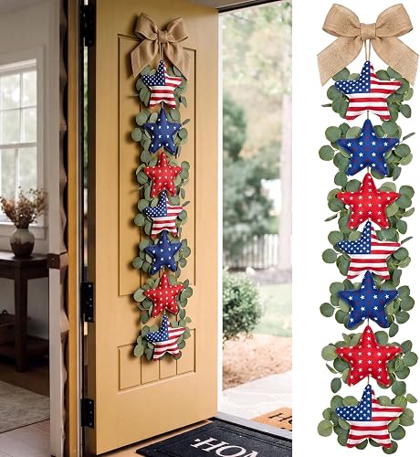 Suncalla 4th of July Garland Rustic 3.3 ft Patriotic Door Decoration Red White B
