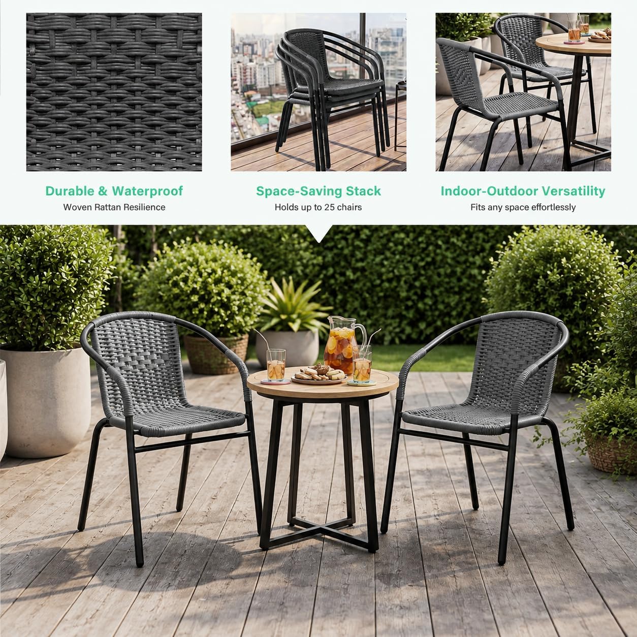  Outdoor Dining Chairs Set of 2, Stackable Rattan Patio Chairs, Gray thumbnail