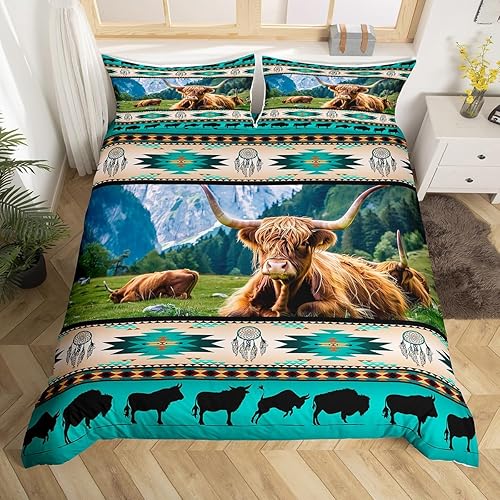 Juego de funda de edredón de vaca de las tierras altas, tribu étnica, flecha, cuerno largo, ganado, funda de edredón de animales de granja de