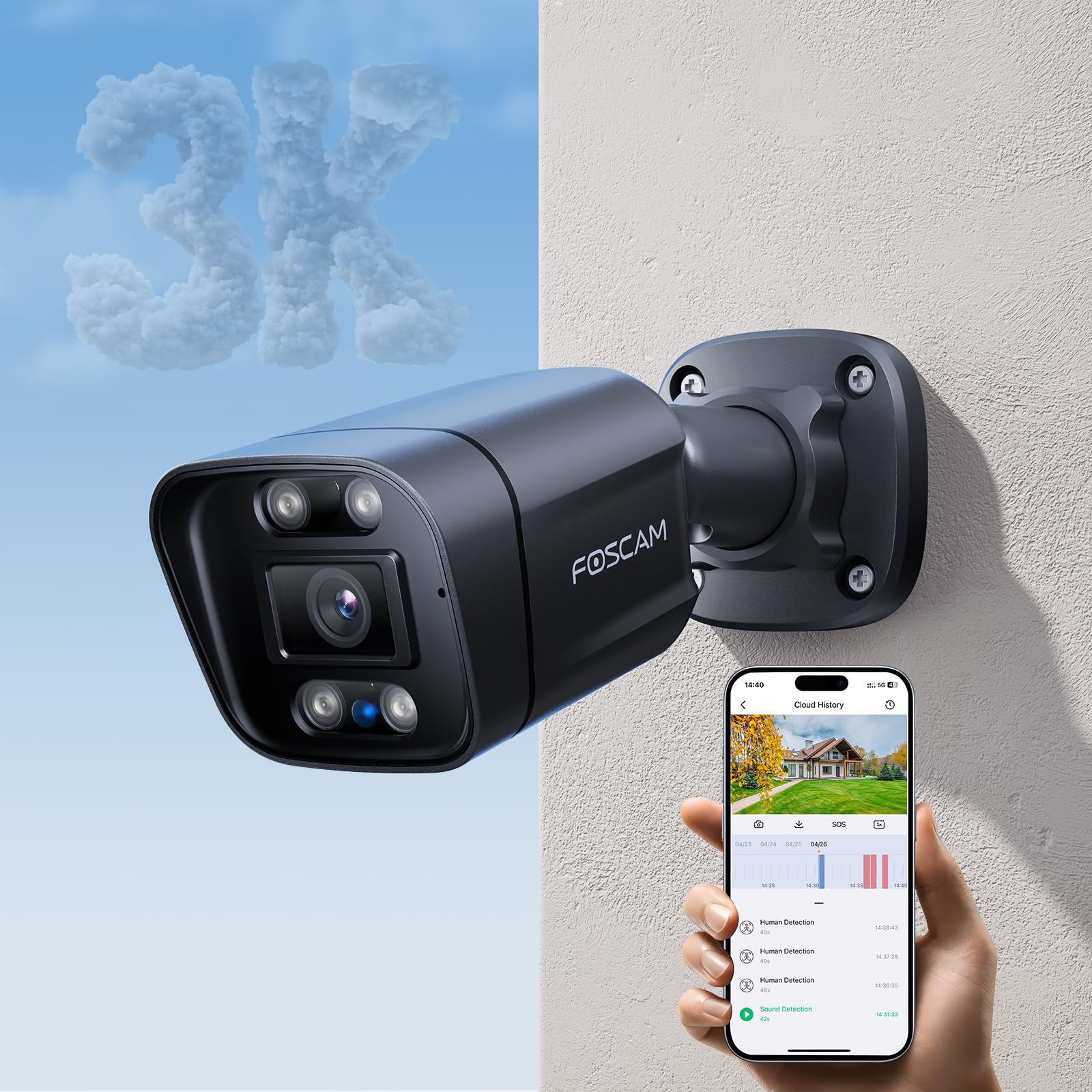 FOSCAM 3K 5MP Outdoor Security IP POE Camera, V5EP Home Security Surveillance Camera with AI Detect Human/Vehicle,66ft Color Night Vision,2-Way Audio,Motion Alert,Spotlight & Siren Alarm,120° FoV,IP66