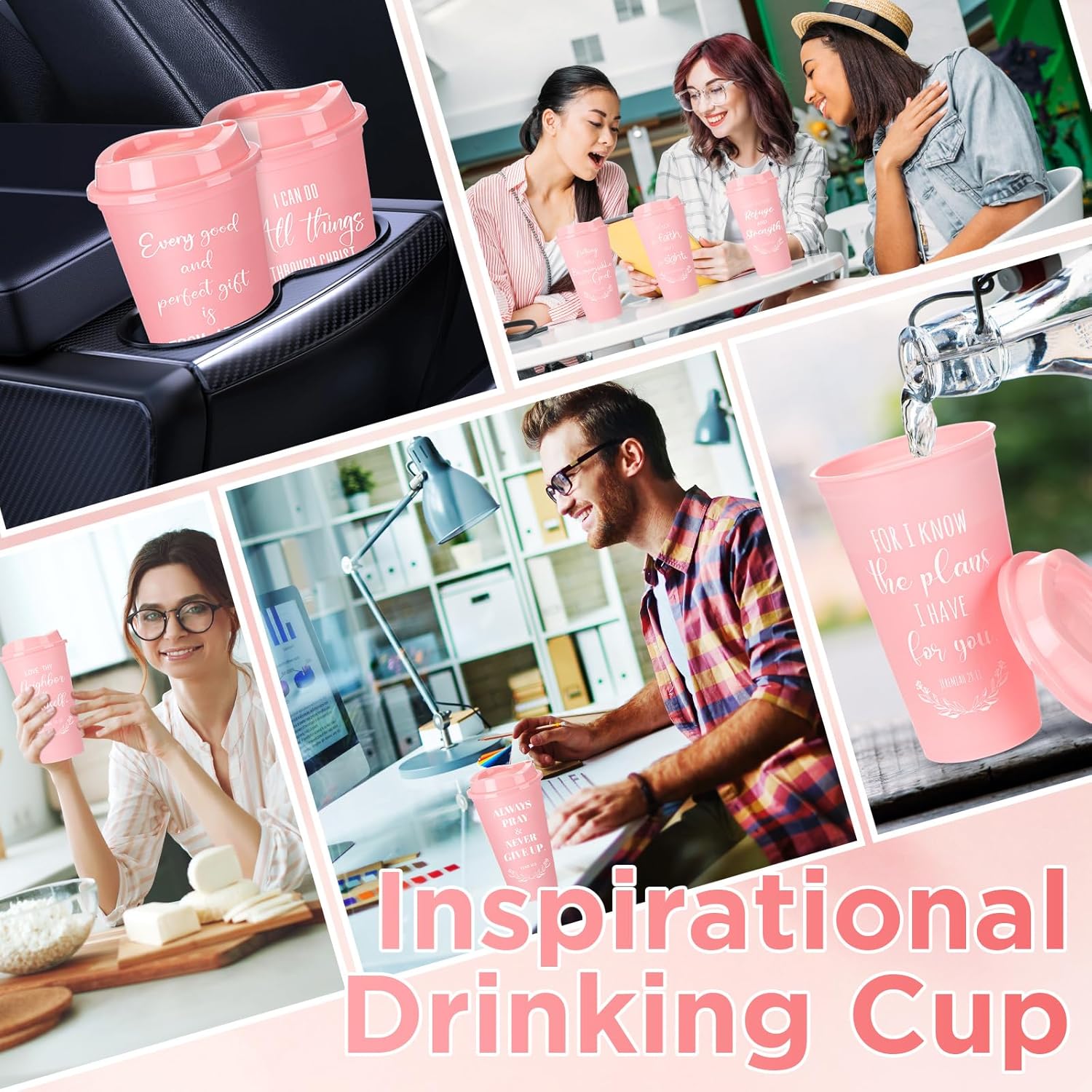 Skylety 60 Pack Christian Gifts for Men Women 16oz Reusable Bible Verse Tumbler Bulk Plastic Coffee Cups with Lids Inspirational Religious Church Gifts for Valentine Easter Birthday (Pink) - Image 5